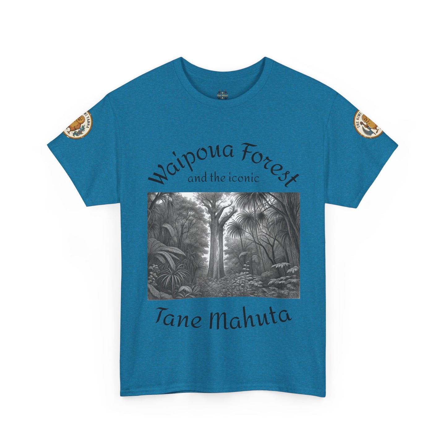 Blue-green T-shirt with front forest graphic and sleeve patches, crew neck.