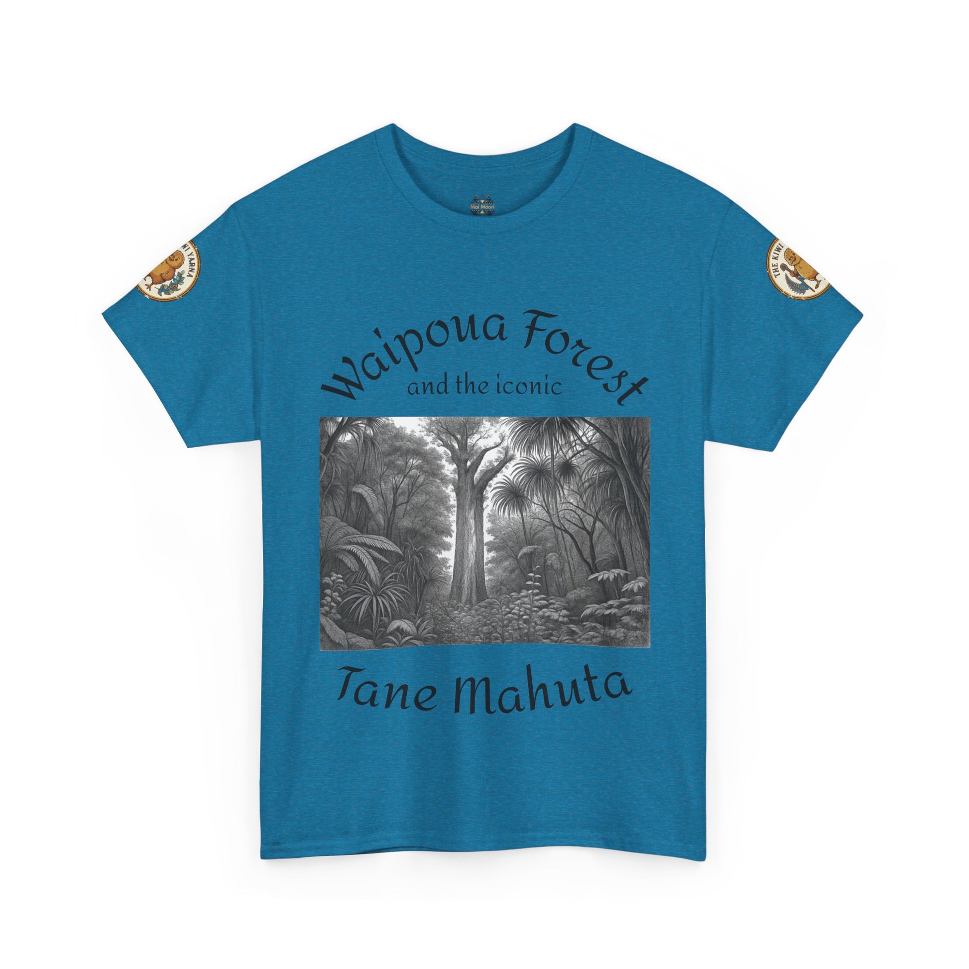 Blue-green T-shirt with front forest graphic and sleeve patches, crew neck.