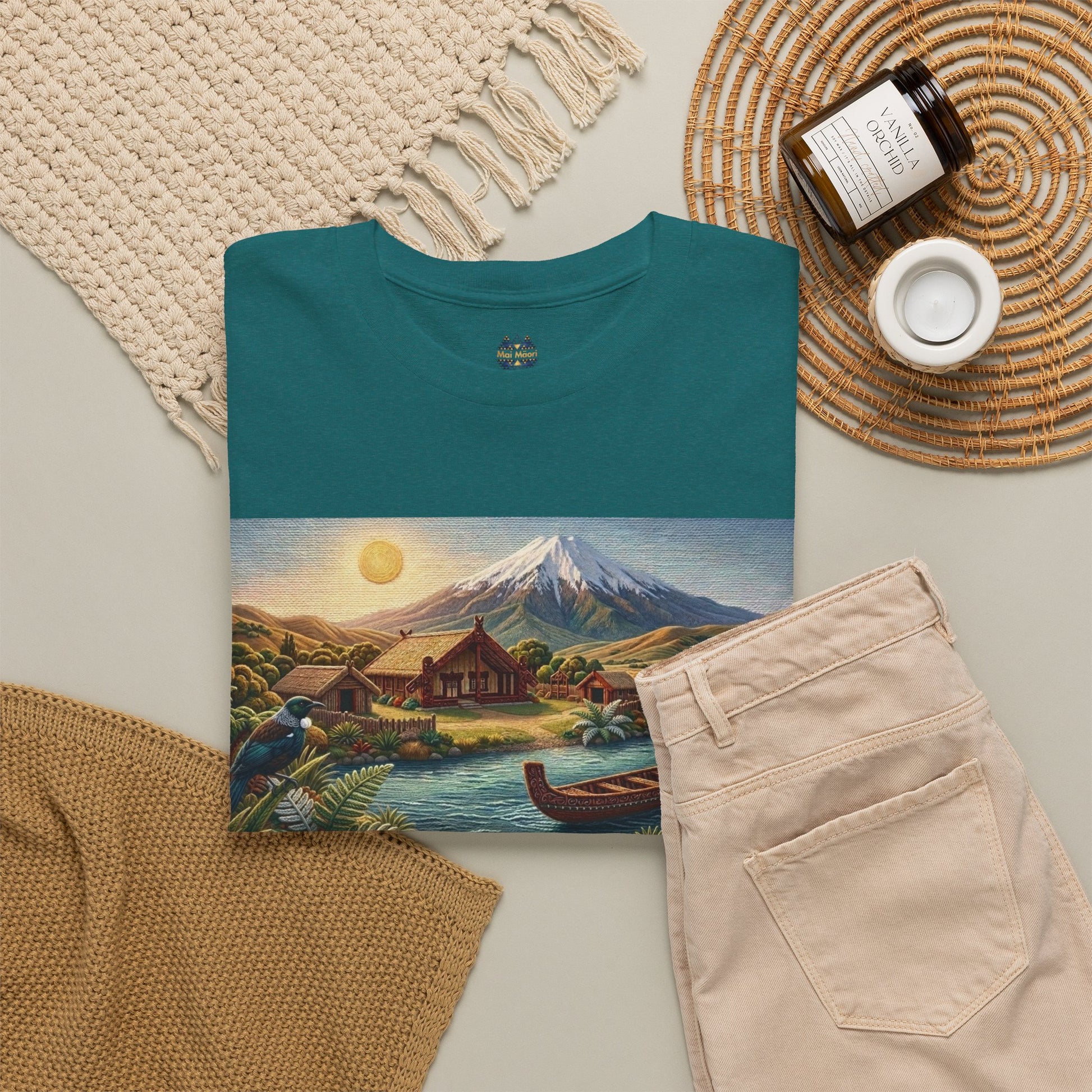 Teal crewneck T-shirt with landscape graphic on the front and small chest emblem.