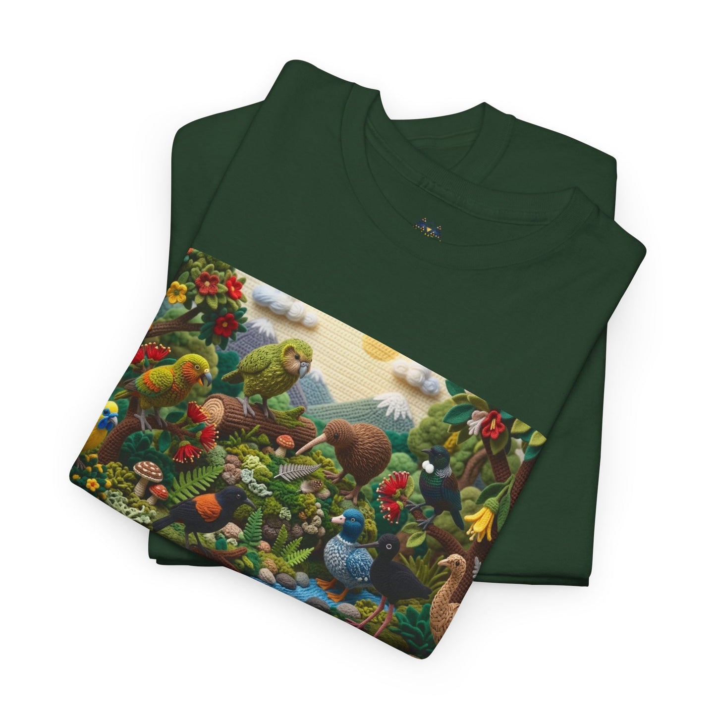 Green T-shirt folded with rectangular bird scene front graphic