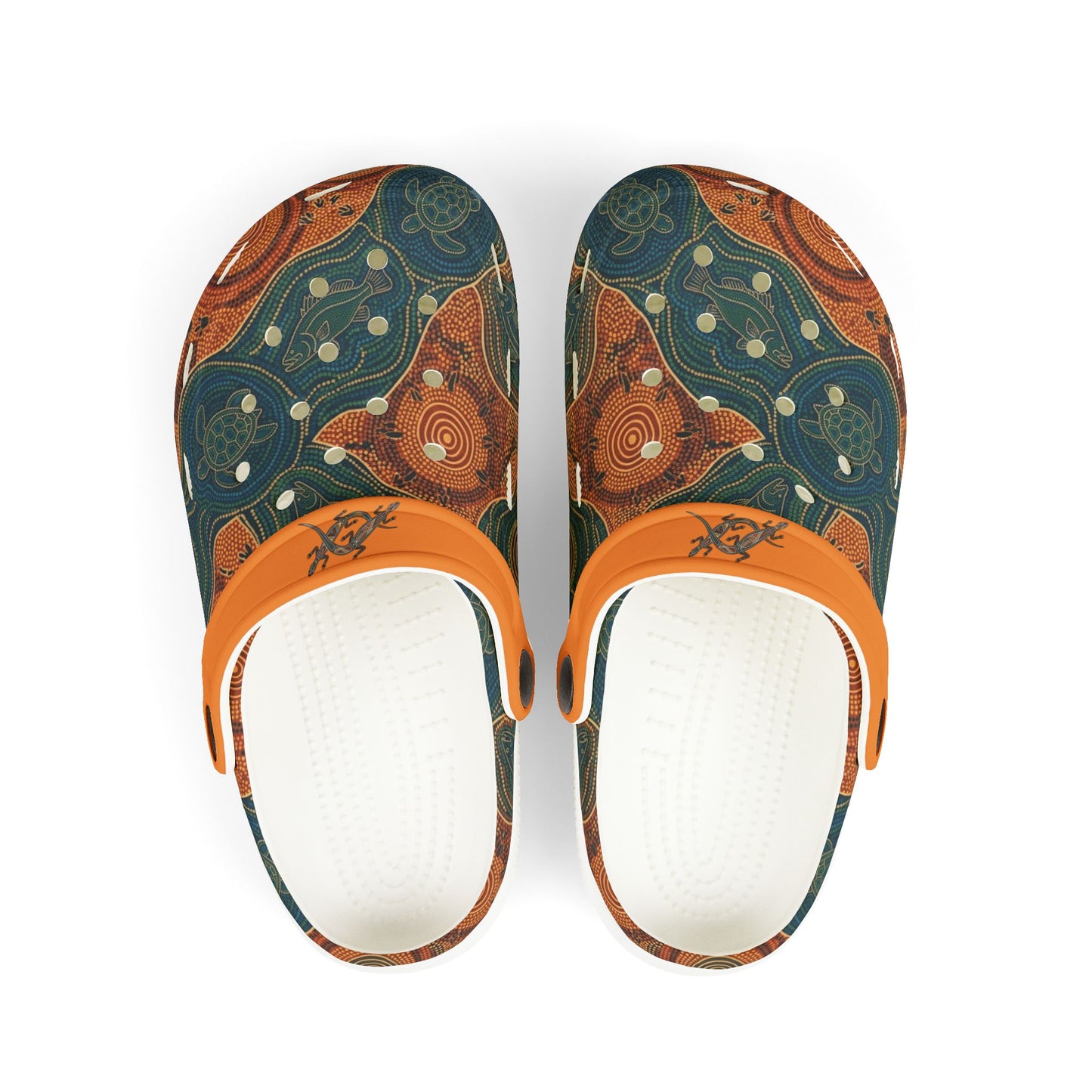 Casual clog shoe with teal-and-orange Aboriginal art print upper, orange strap, white sole
