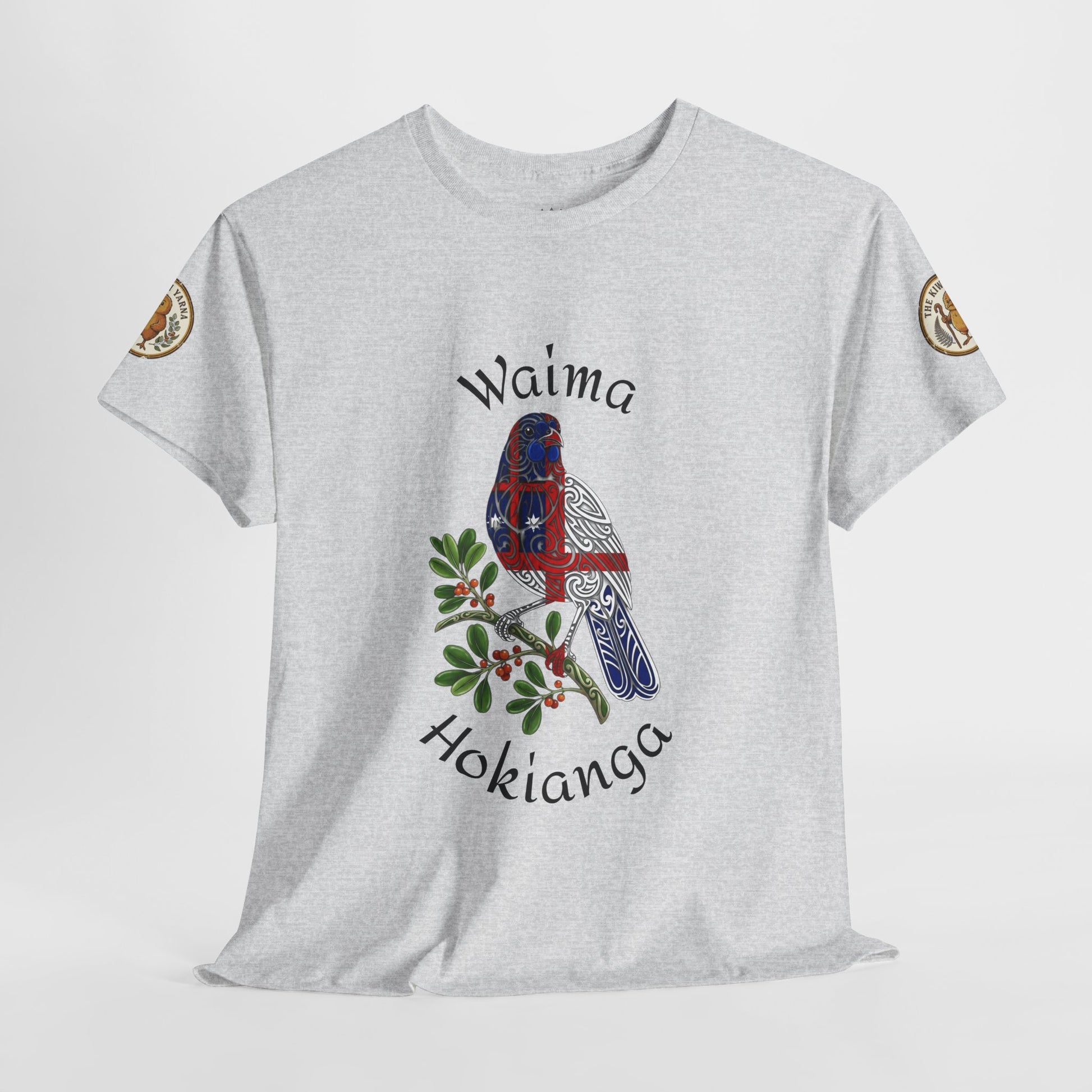 Heather gray crew-neck T-shirt with Waima Hokinga bird and leaf graphic front