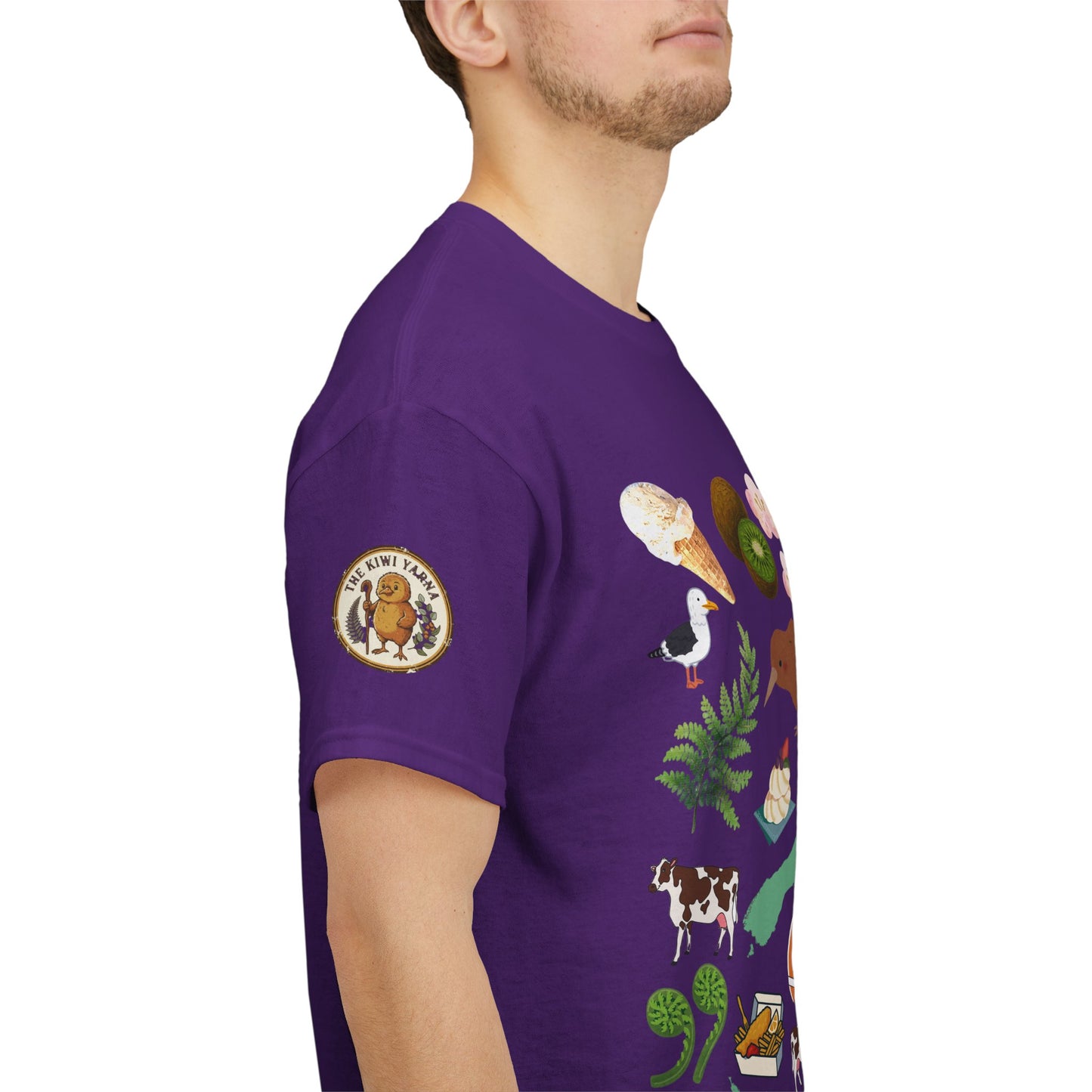 Kiwiana t-shirt in purple with round sleeve graphic and illustrated front