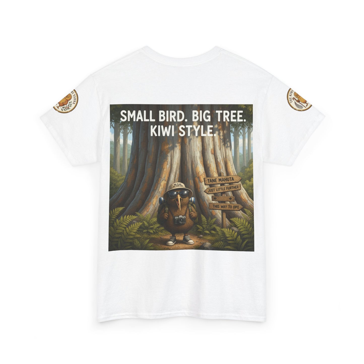 White T-shirt with centered square forest graphic and bold “KIWI STYLE” text