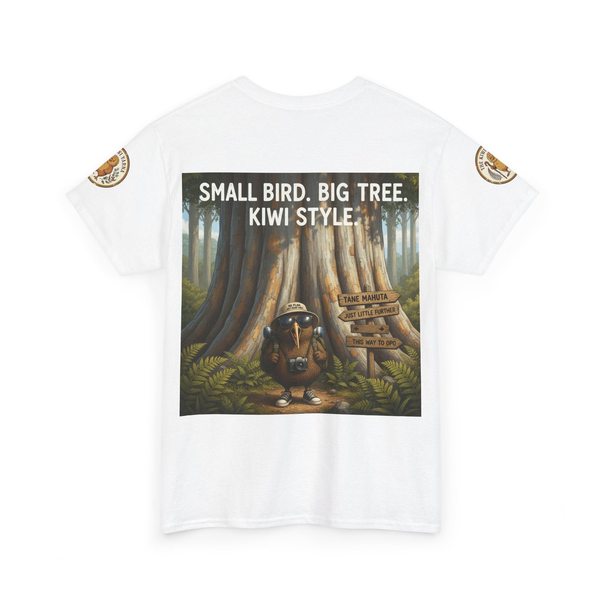 White T-shirt with centered square forest graphic and bold “KIWI STYLE” text