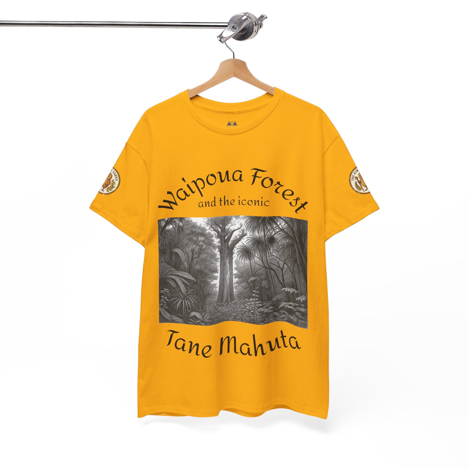 Yellow T-shirt with Waipoua Forest and Tane Mahuta forest print, hanging