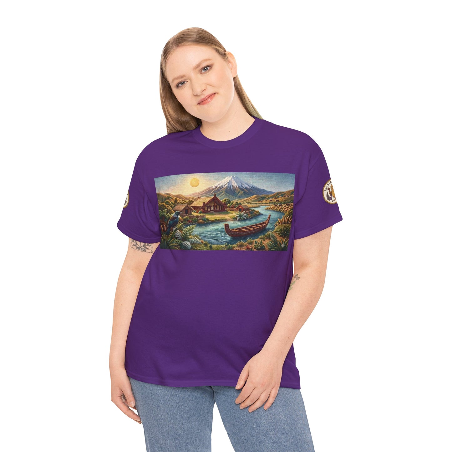 Purple crew-neck T-shirt on model, featuring front rectangular canoe and mountain graphic