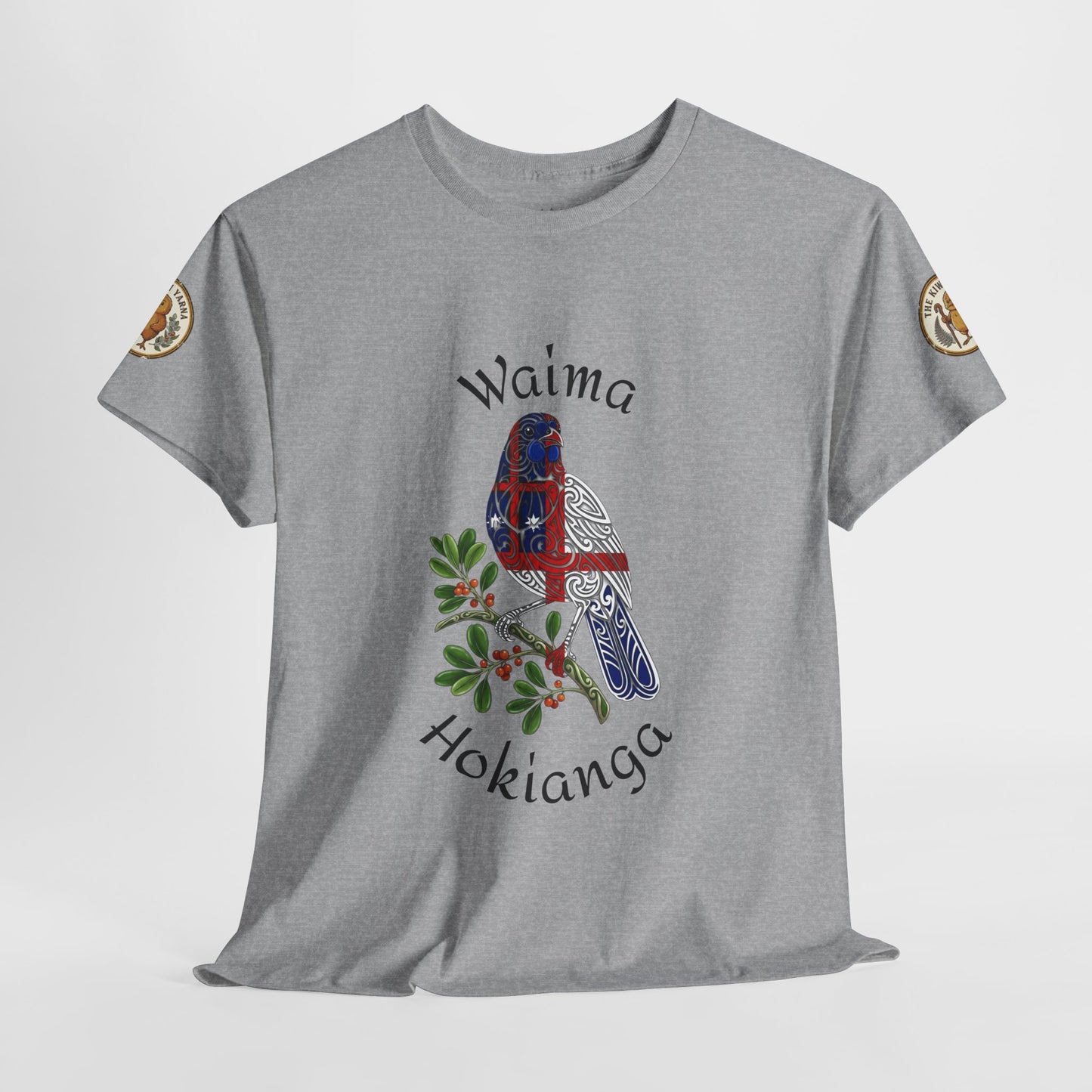 Heather gray T-shirt featuring Waima Hokiana bird and leaf graphic