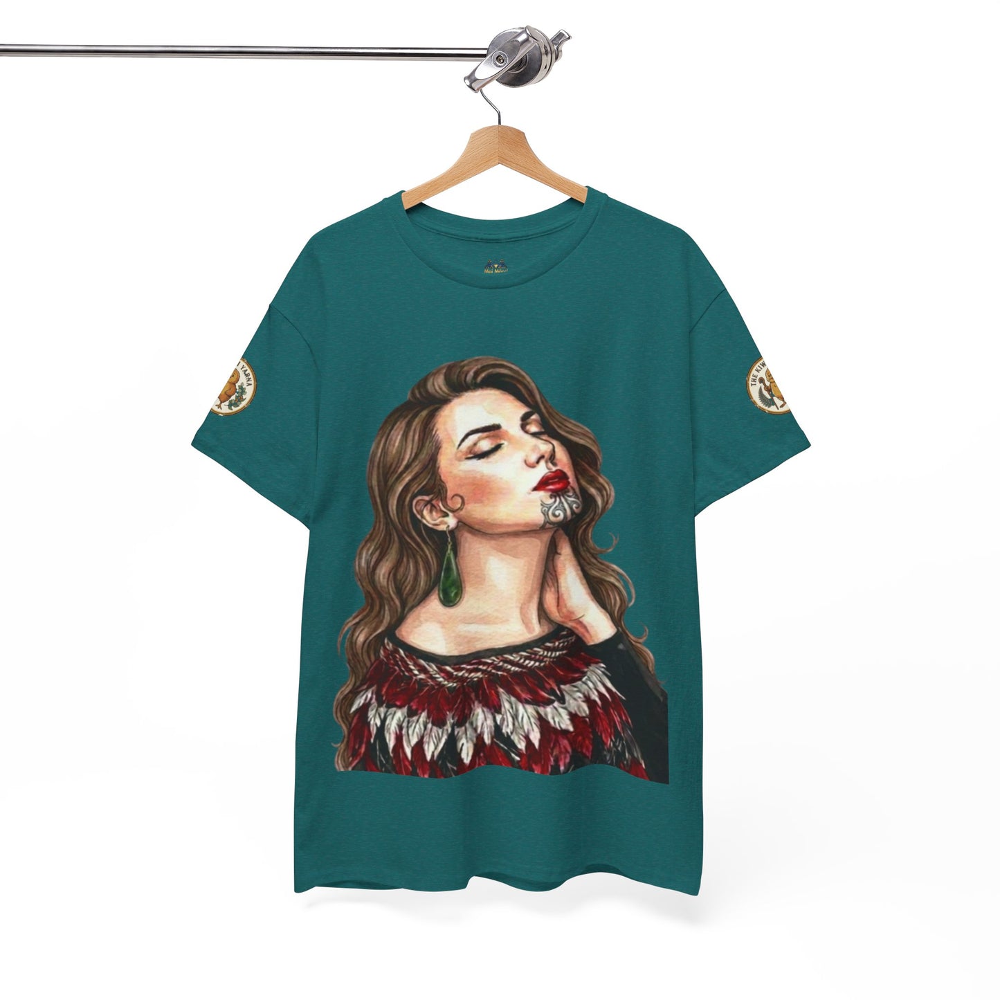 Teal crew-neck graphic T-shirt with woman portrait print and round sleeve logos