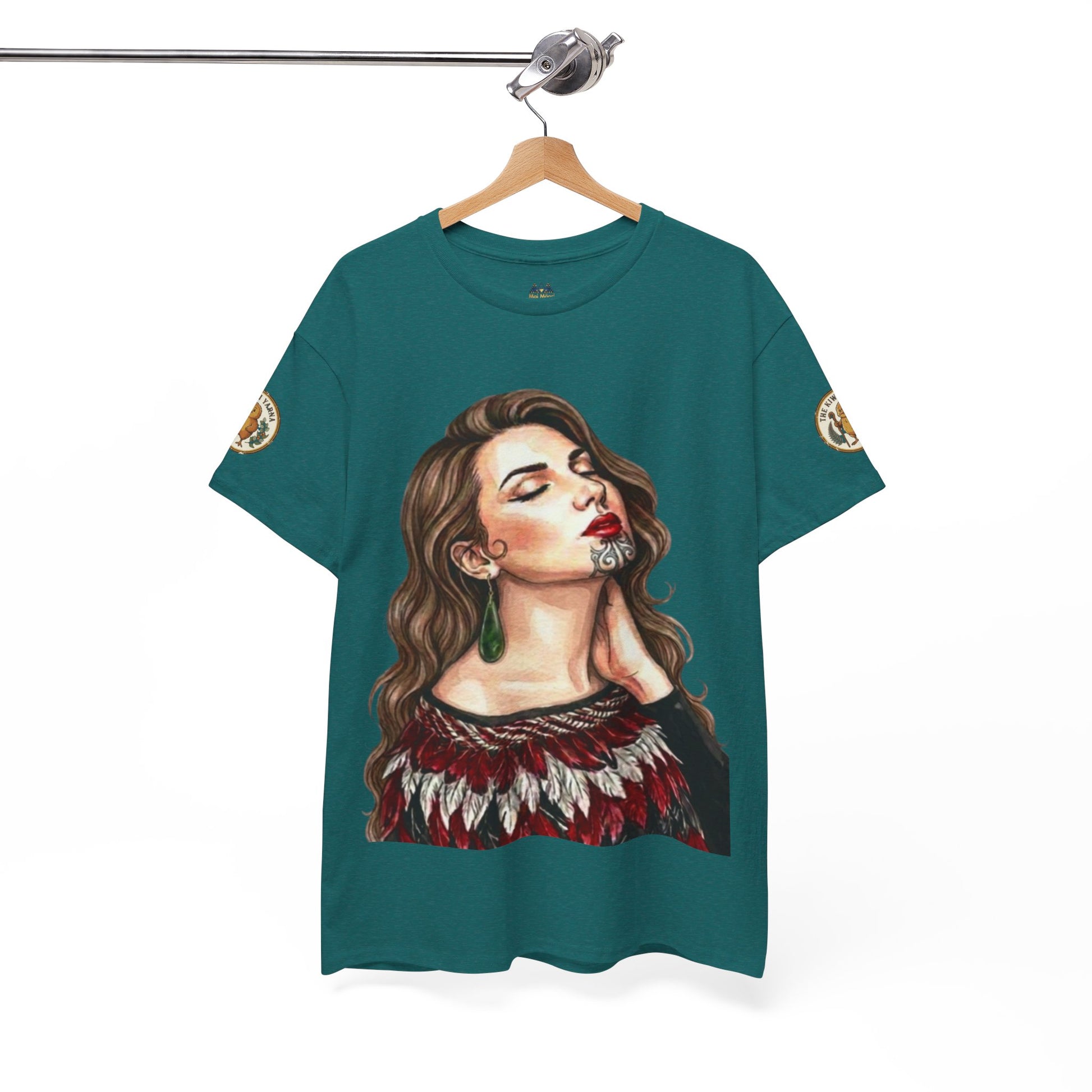 Teal crew-neck graphic T-shirt with woman portrait print and round sleeve logos