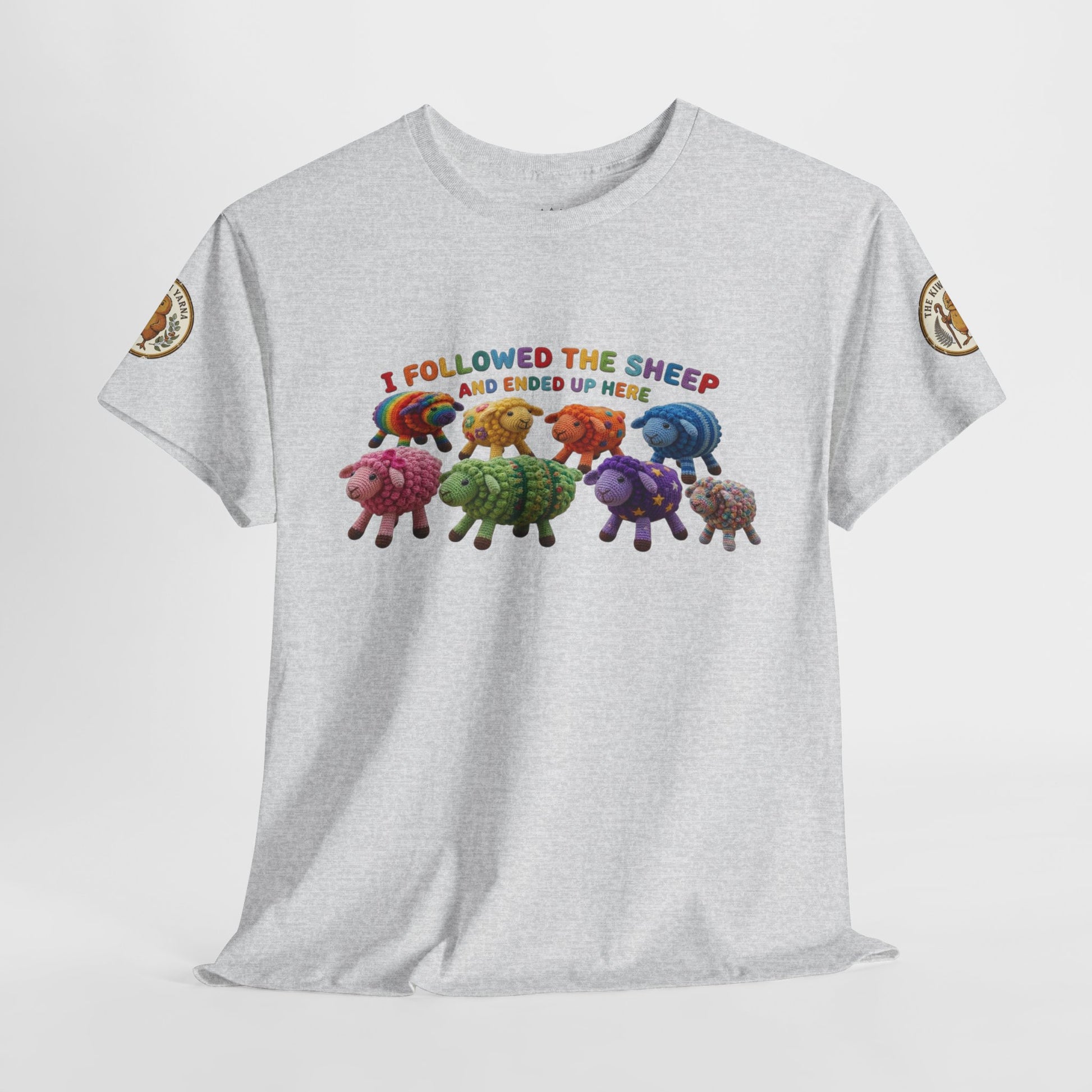 Heather gray T-shirt with colorful sheep graphic, round neck, and gold sleeve patches