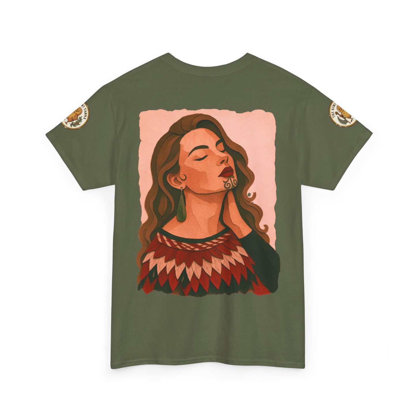 Olive green graphic T-shirt, crew neck, short sleeves, portrait print, circular sleeve patches