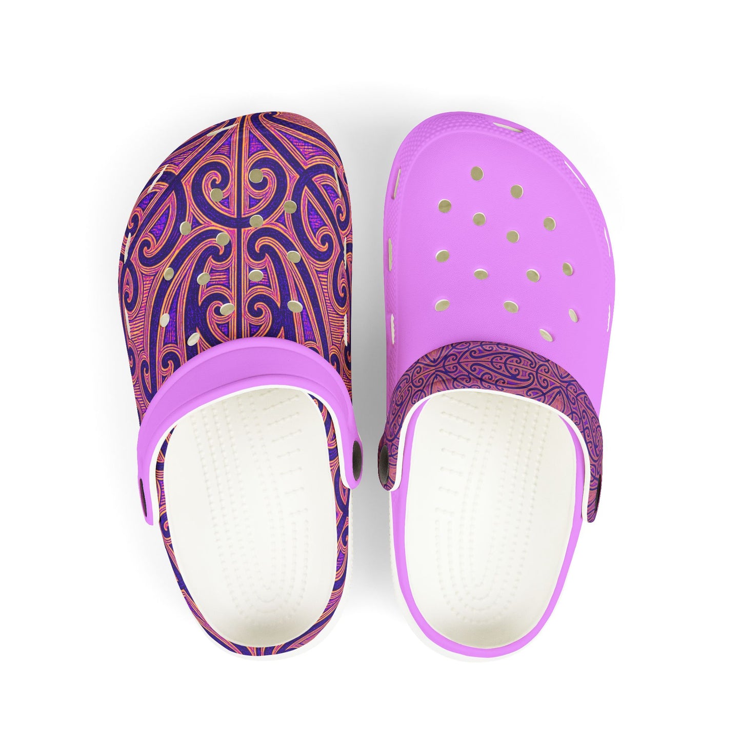Tauira clogs, purple slip-on with ornate blue/purple upper and purple perforated top