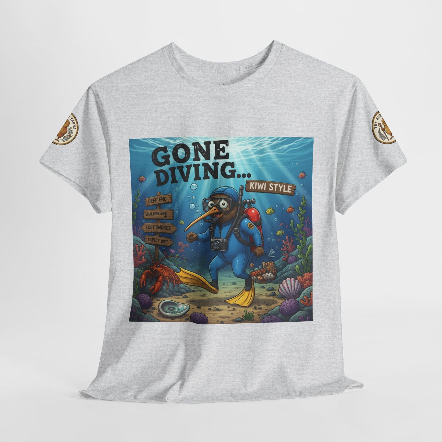 Light gray crew-neck T-shirt with central 'Gone Diving... Kiwi Style' underwater graphic