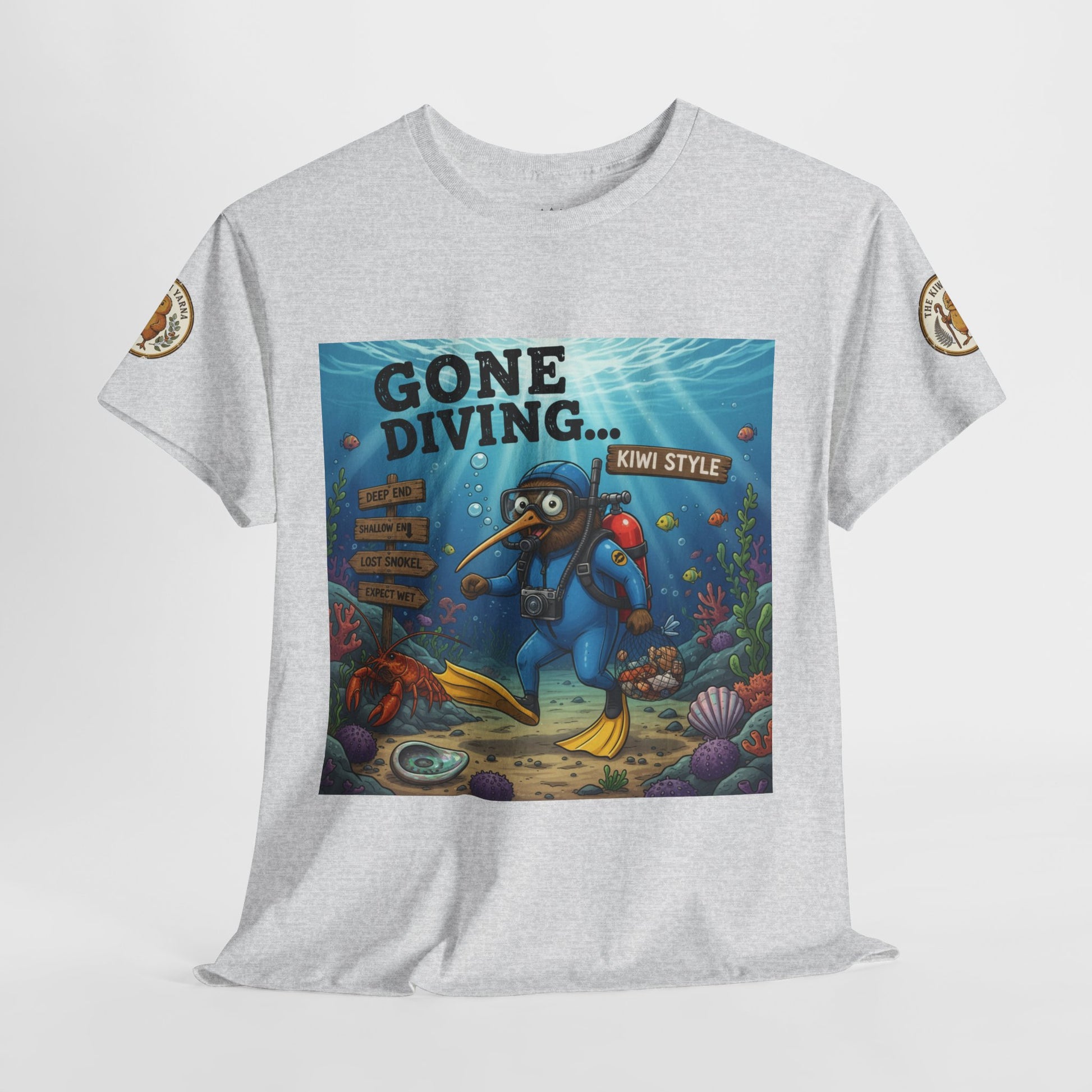 Light gray crew-neck T-shirt with central 'Gone Diving... Kiwi Style' underwater graphic