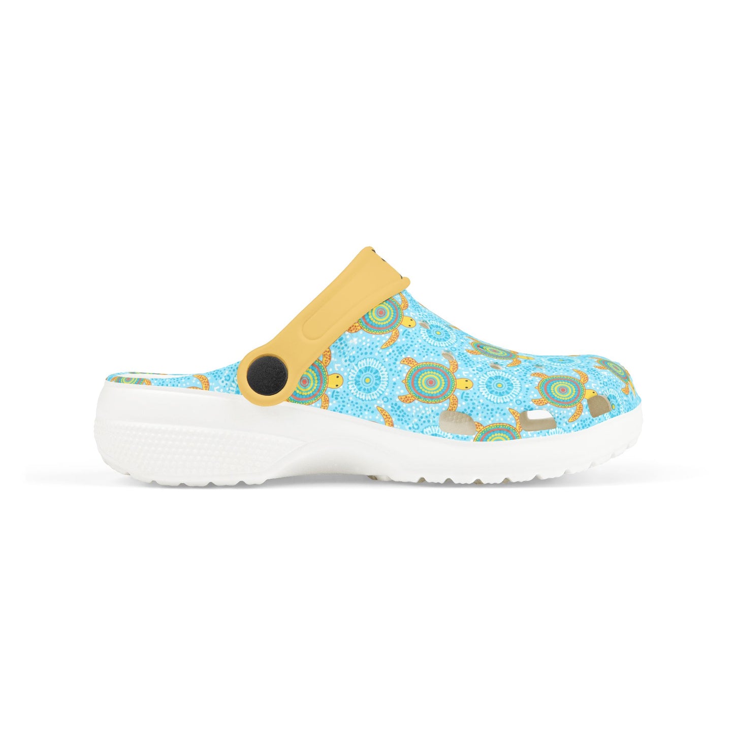 Light blue patterned clog slide shoe with yellow strap, white sole, and side profile