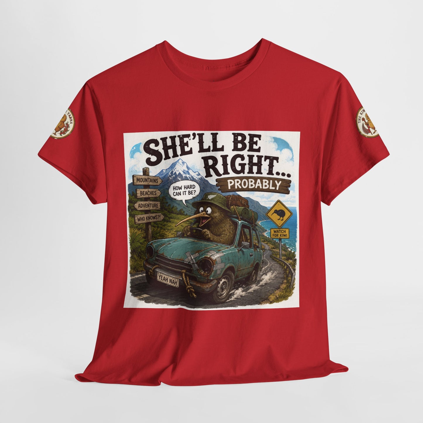 Red crew-neck T-shirt with front photo-style graphic and text logo