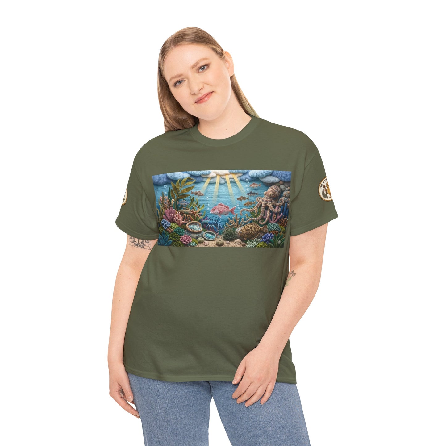 Olive green crew-neck T-shirt with undersea scene graphic and sleeve logo patches