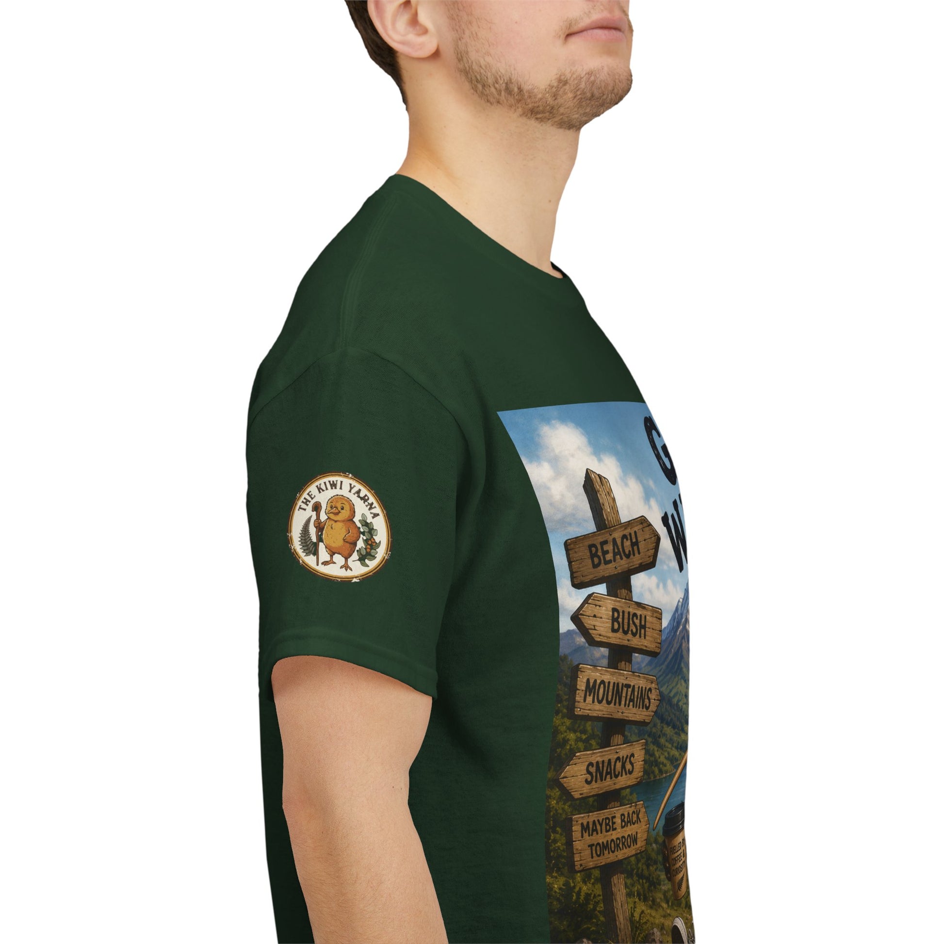 Forest green T-shirt with left sleeve emblem and side poster graphic