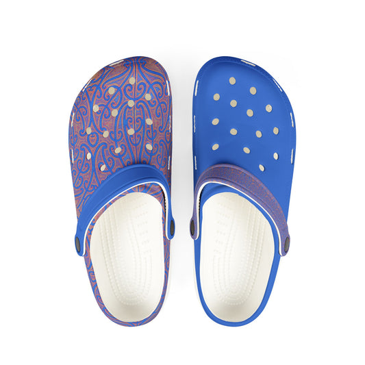 Māpouriki slip-on clogs, blue with patterned uppers and light-colored perforation dots