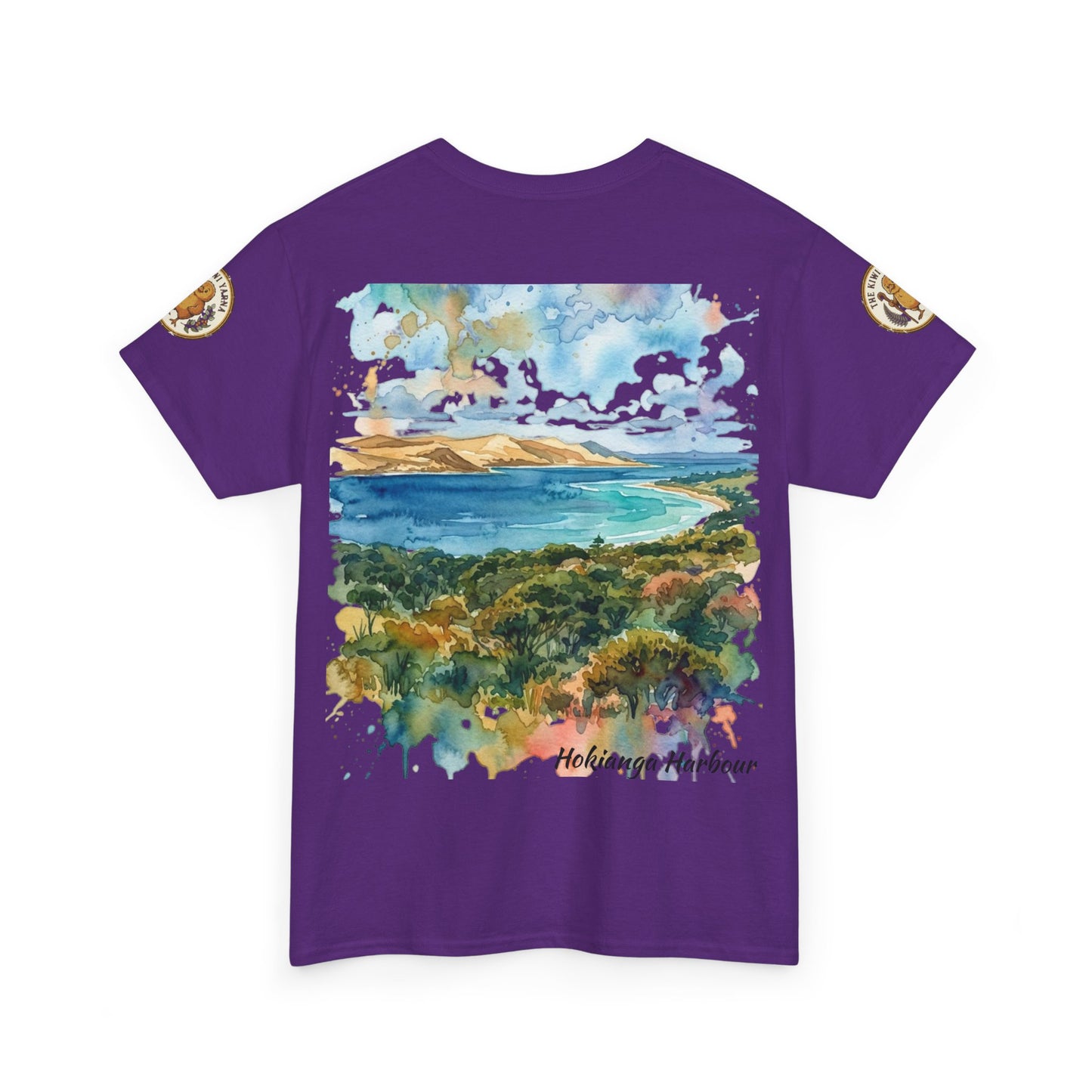 Purple crew-neck graphic T-shirt with scenic landscape print and round sleeve patches