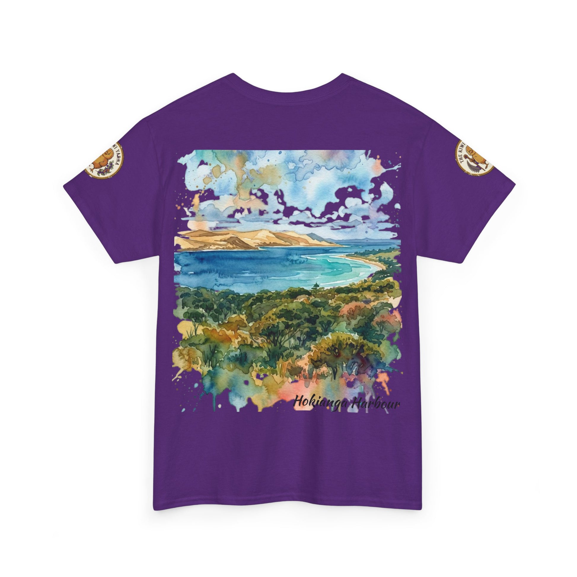 Purple crew-neck graphic T-shirt with scenic landscape print and round sleeve patches