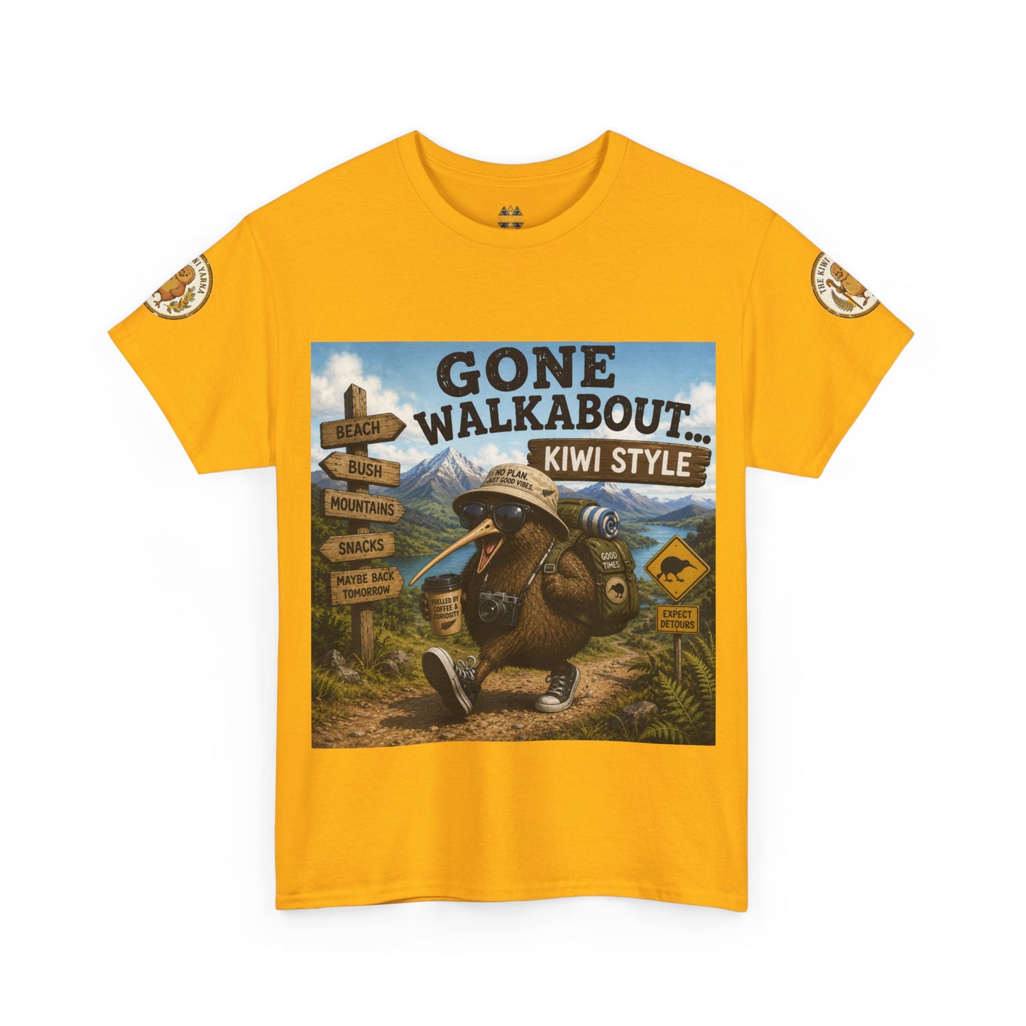 Mustard yellow crew-neck graphic T-shirt with rectangular “Gone Walkabout” kiwi-style front print
