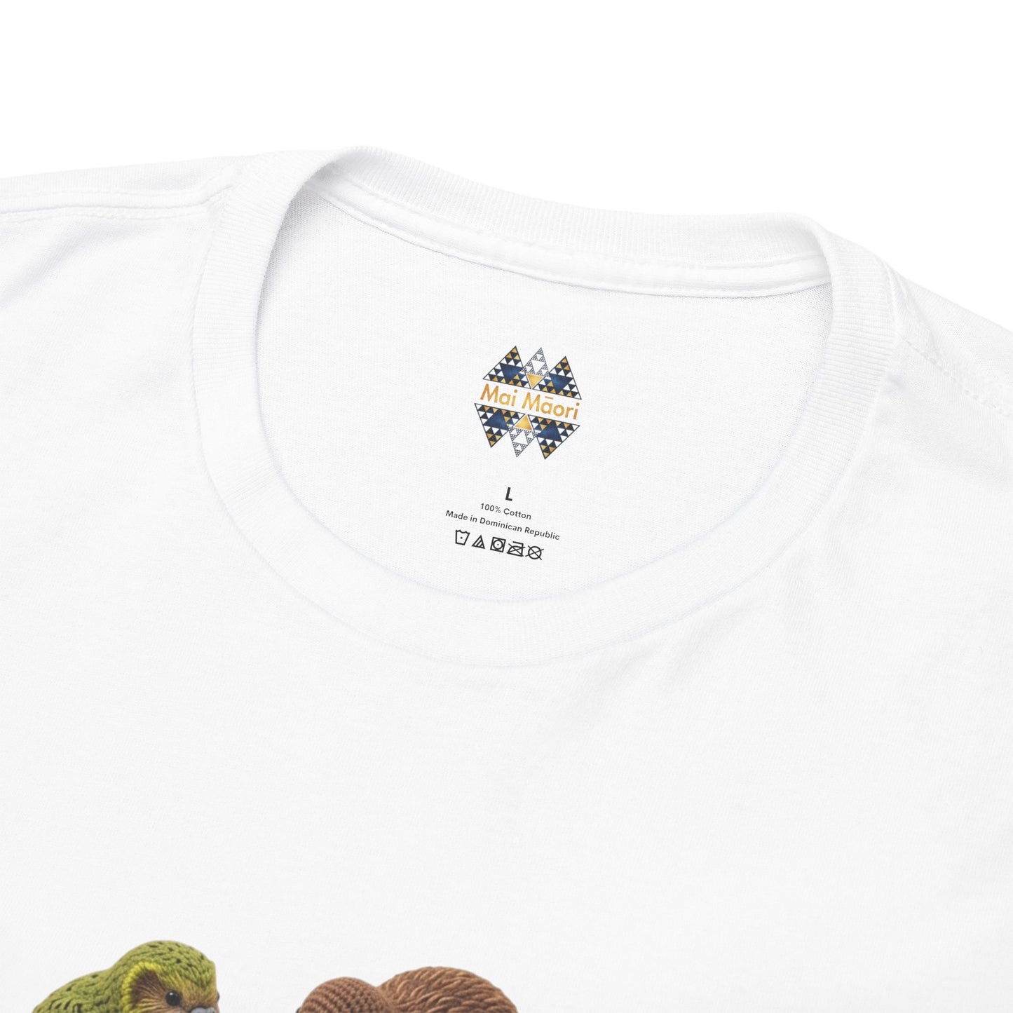 Close-up of white T-shirt neckline with small logo print.