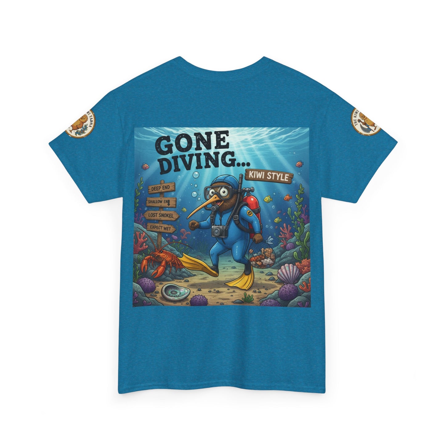 Teal T-shirt with scuba diver front graphic and small round sleeve emblem