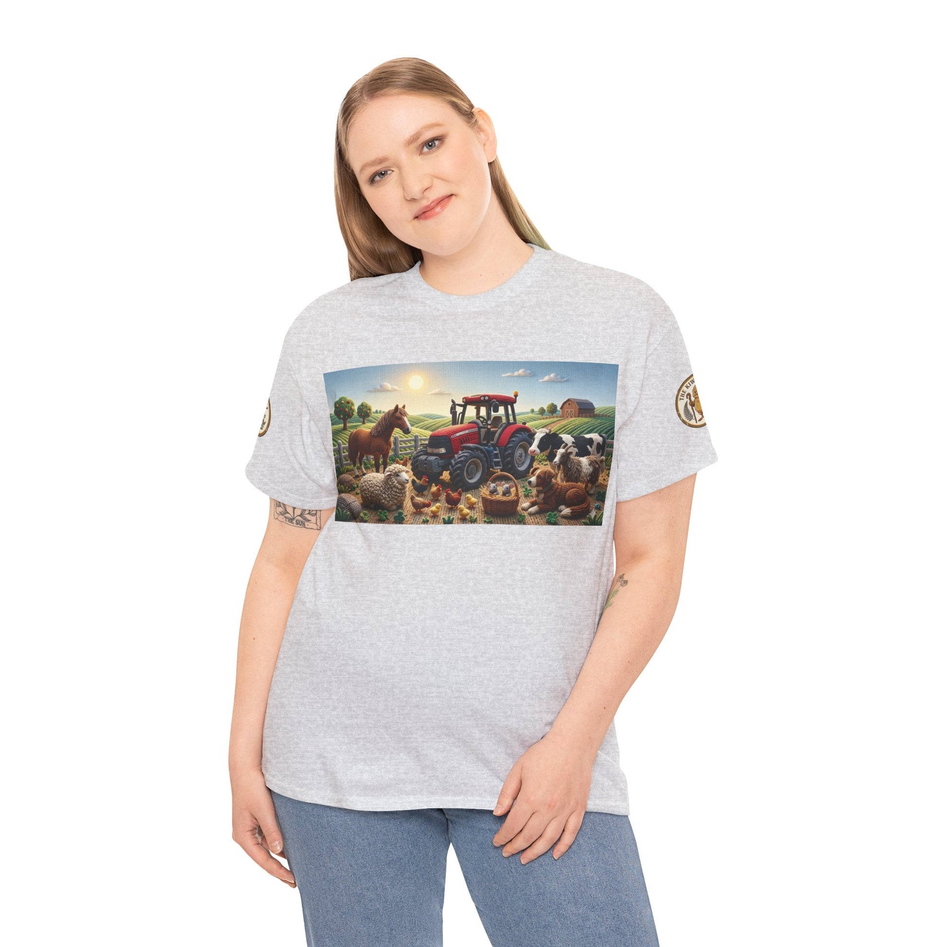 Light gray farm graphic crewneck T-shirt on model with short sleeves