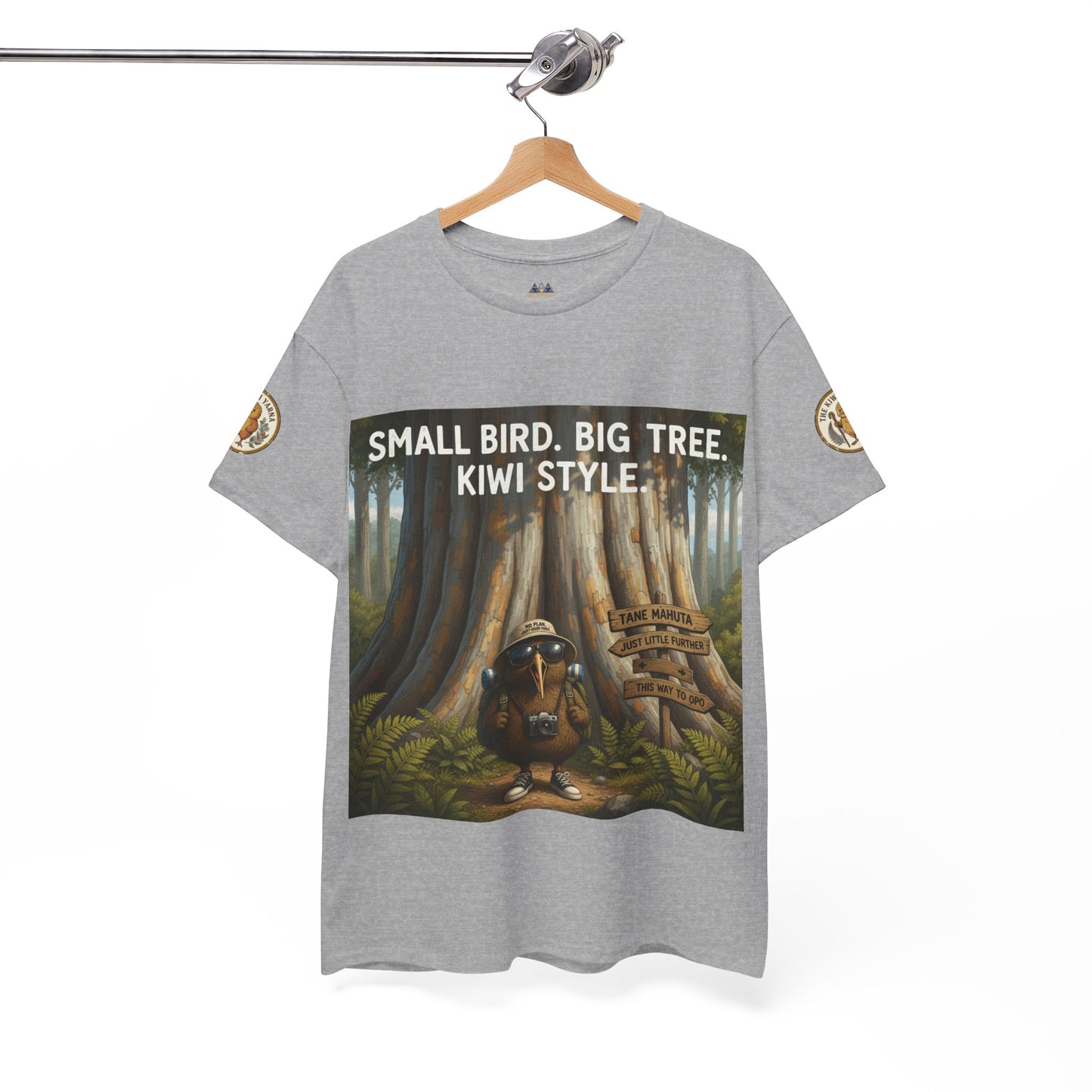 Crew-neck t-shirt in heather gray with large forest kiwi-style graphic on front