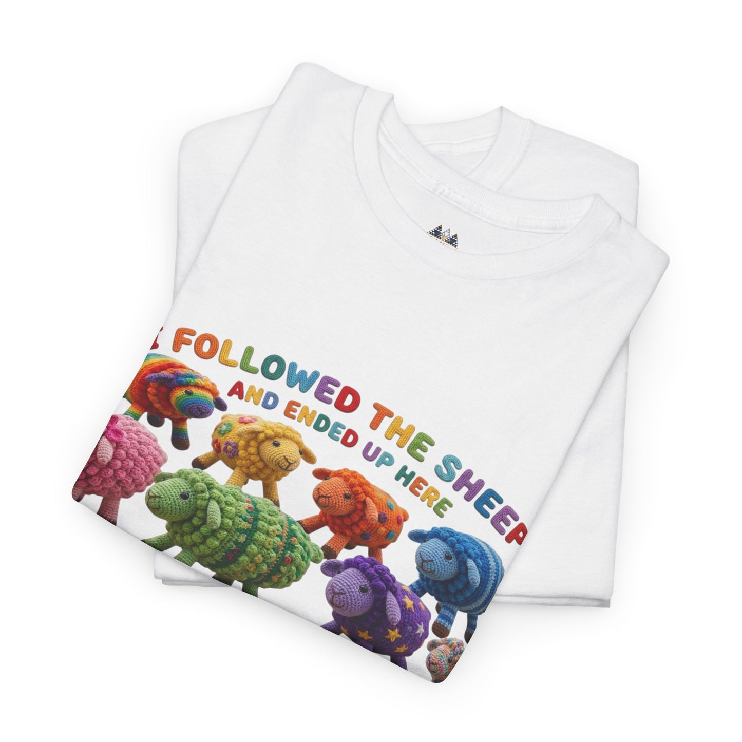 White sheep graphic T-shirt stacked with colorful herd print on front