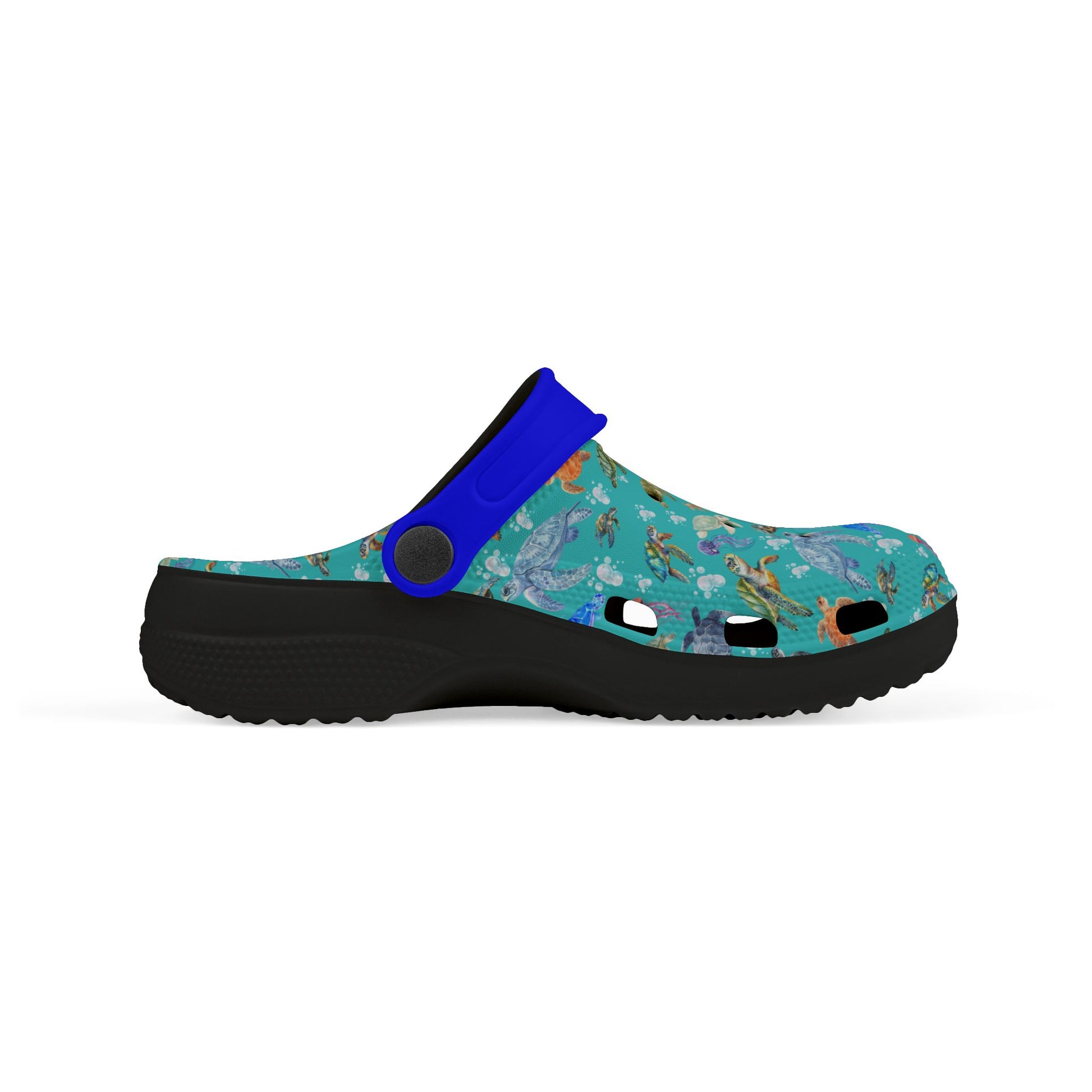 Kids' slip-on clogs with teal sea-animal print, blue strap, and black outsole.