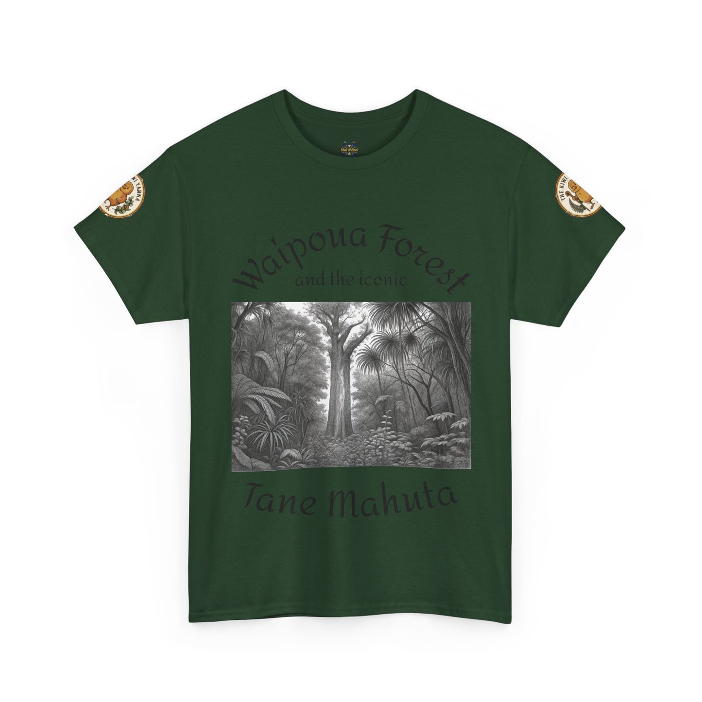 Forest green T-shirt with front forest graphic and sleeve patches, crew neck.