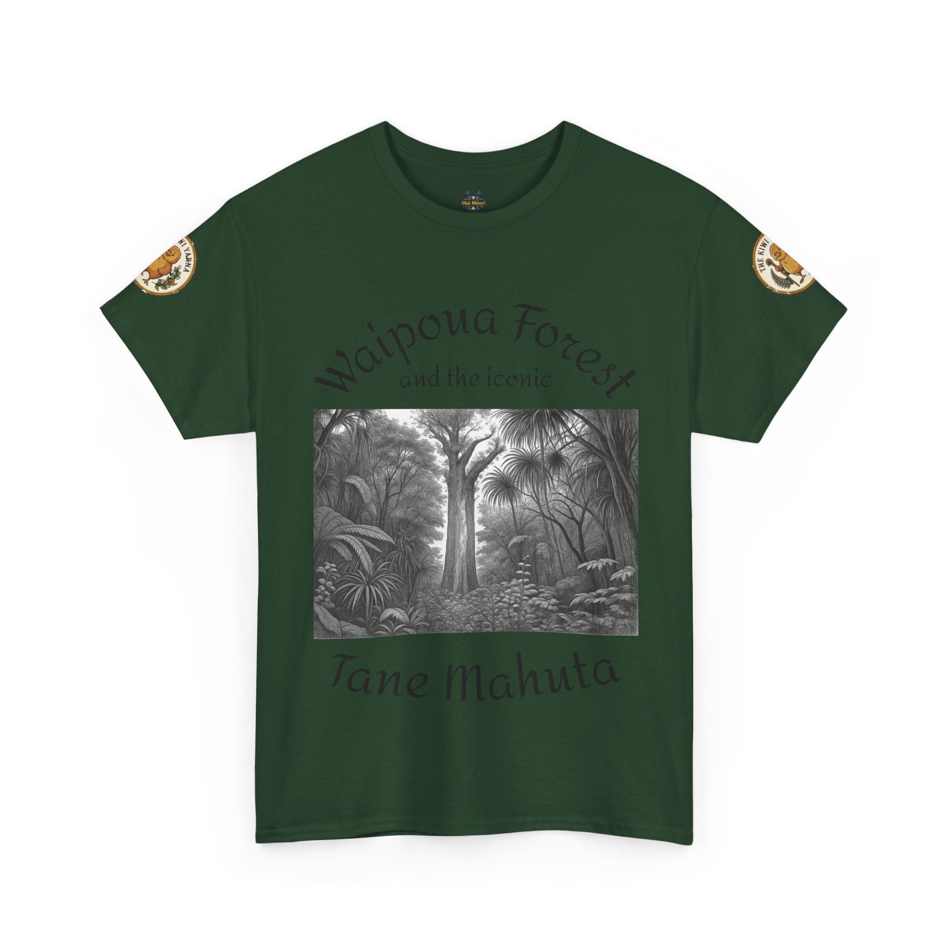 Forest green T-shirt with front forest graphic and sleeve patches, crew neck.