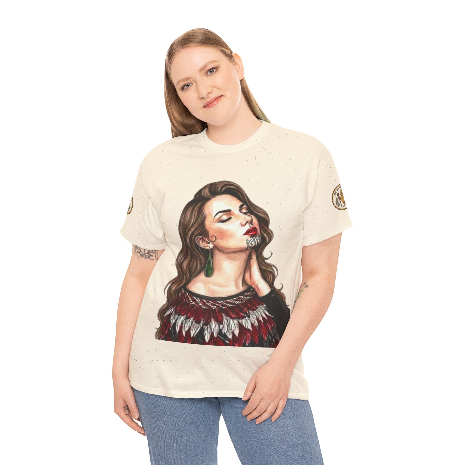 Cream graphic T-shirt with portrait woman bust illustration, short sleeves