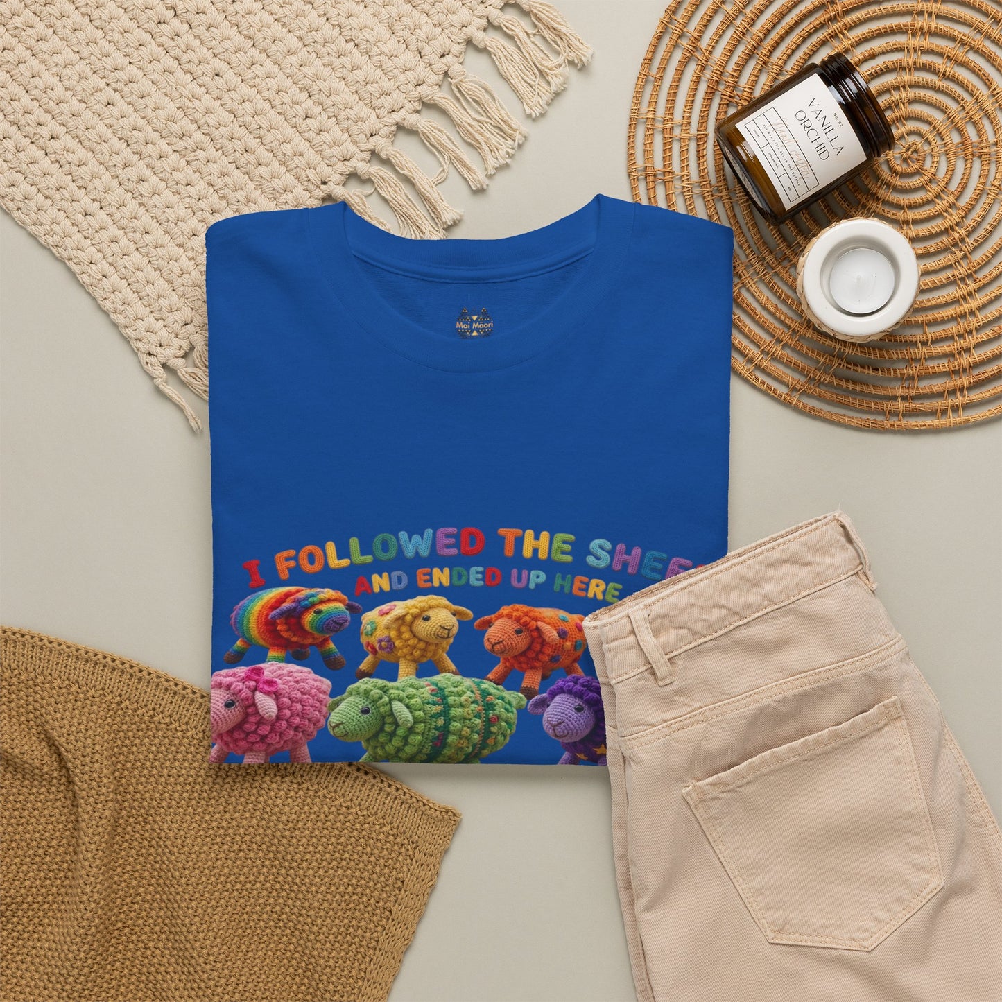 Purple short-sleeve T-shirt with colorful sheep graphic on the chest