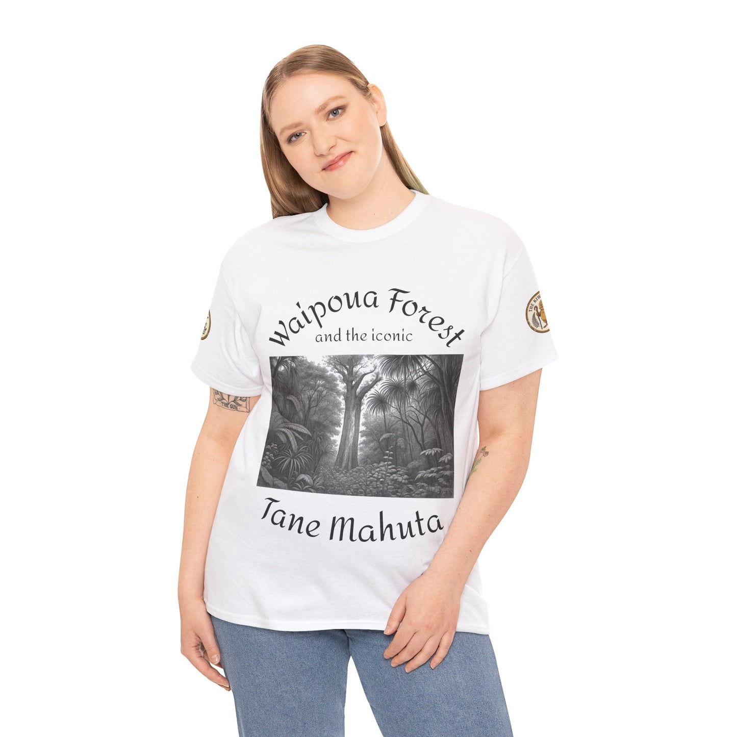 White crew-neck T-shirt on model with front forest illustration and text
