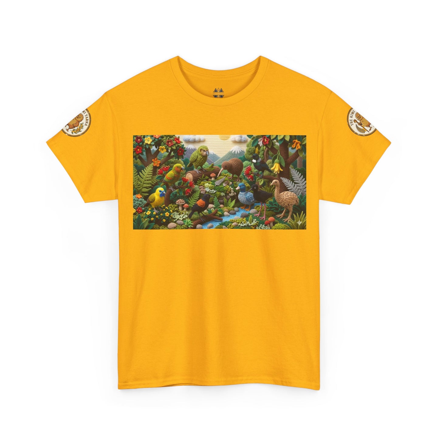 Mustard yellow crewneck T-shirt with wildlife bird graphic and circular sleeve logo patches