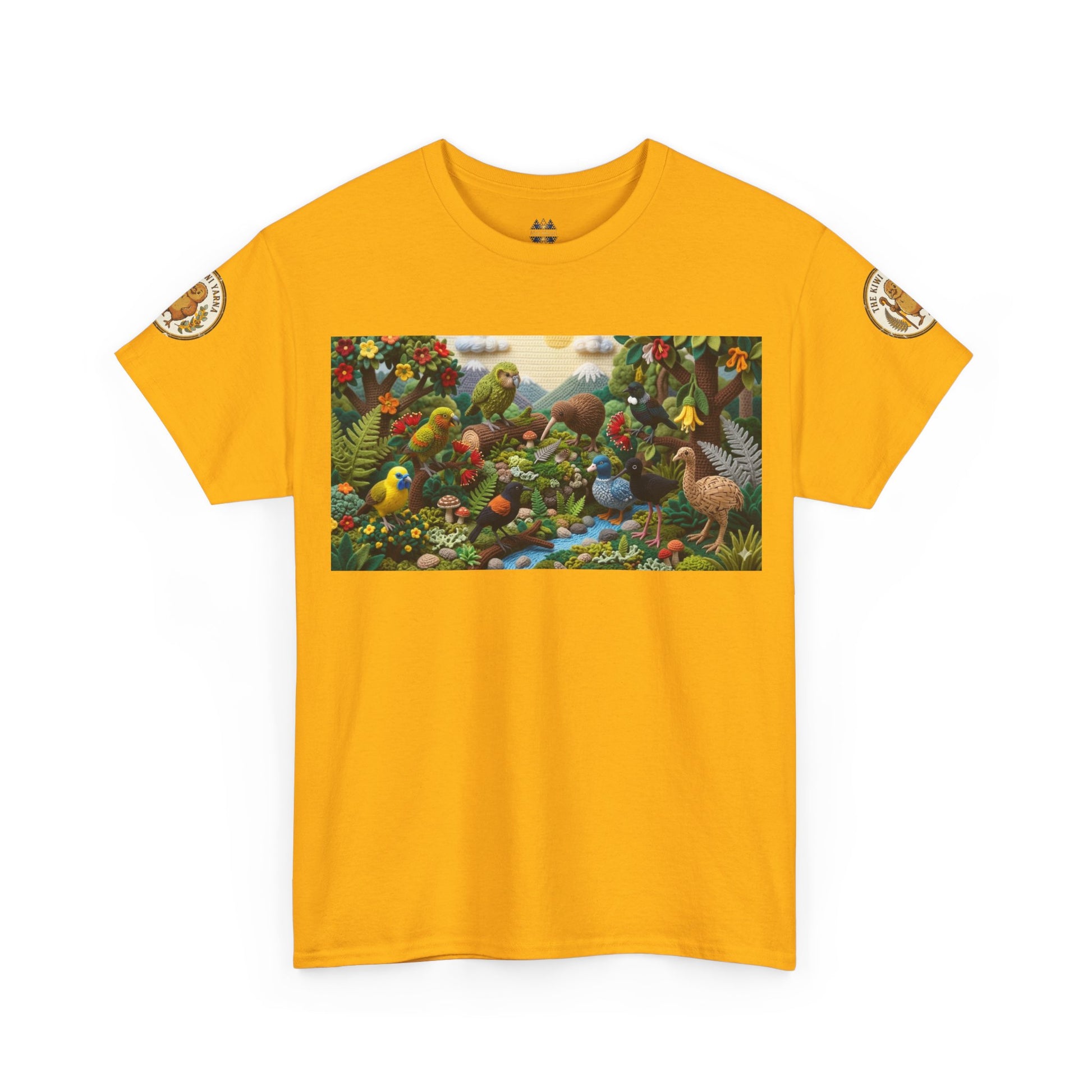 Mustard yellow crewneck T-shirt with wildlife bird graphic and circular sleeve logo patches