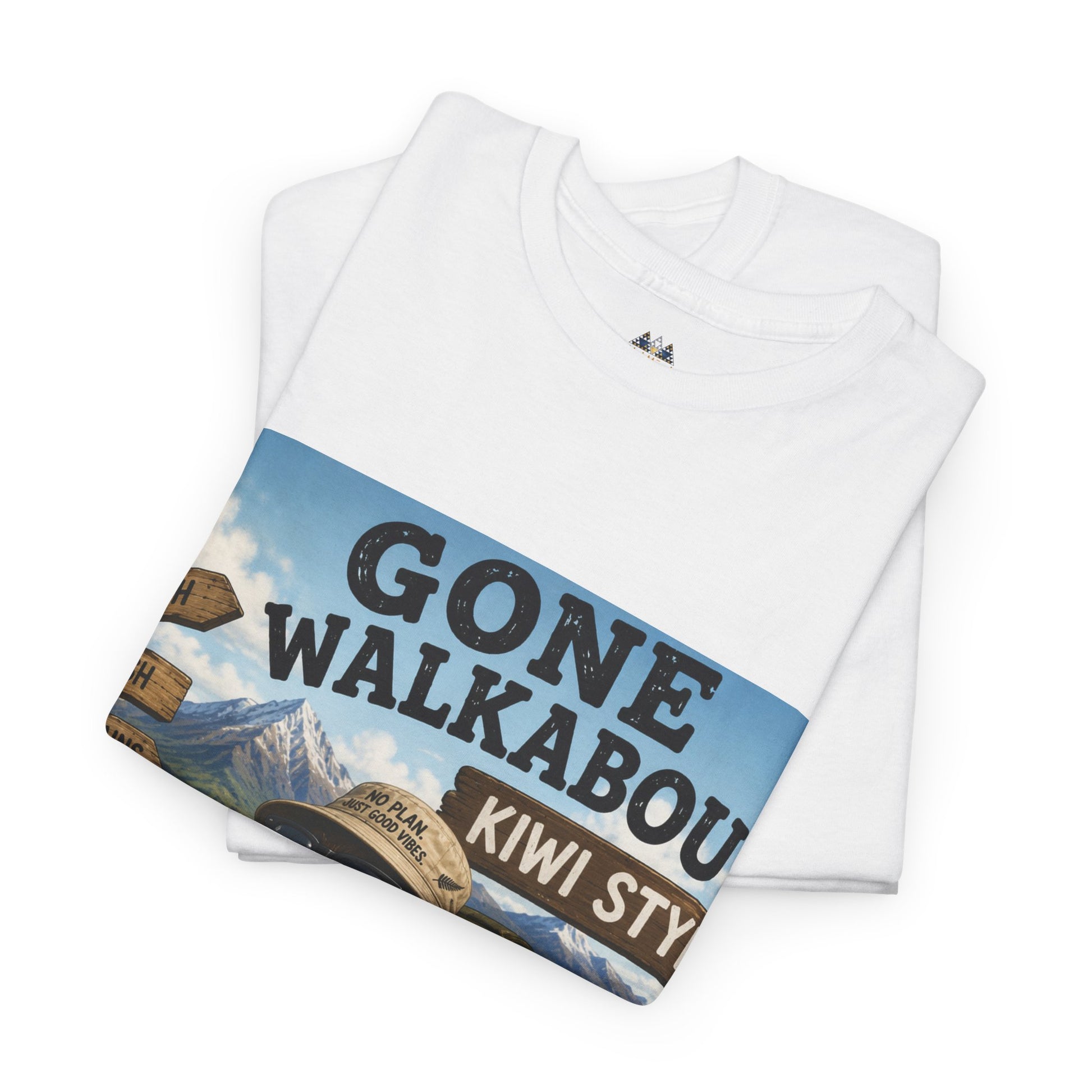 White graphic T-shirt with large Gone Walkabout Kiwi Style poster design