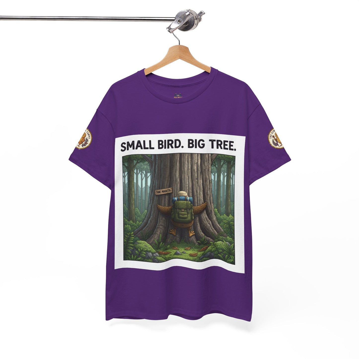 Purple graphic t-shirt with 'Small Bird. Big Tree.' front print