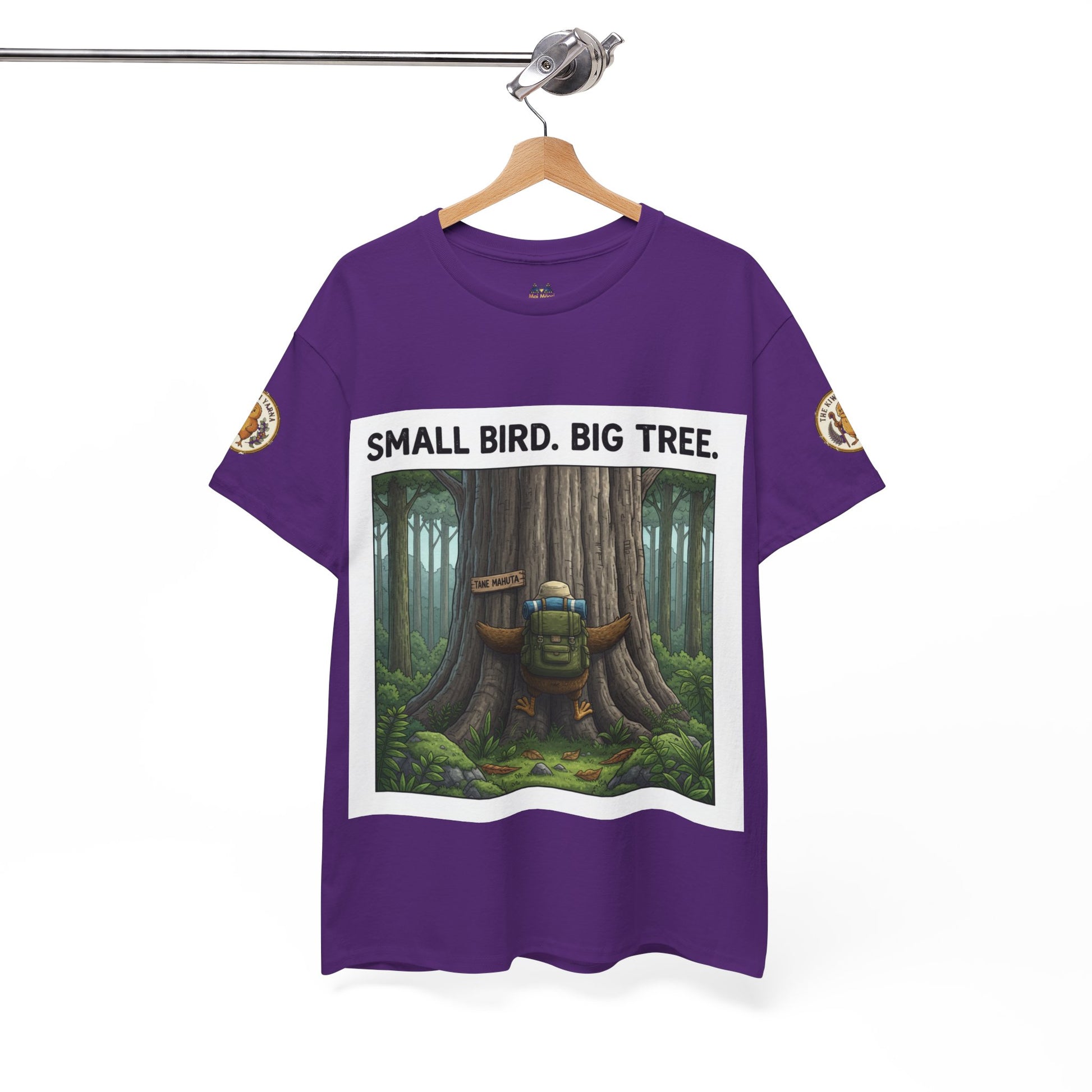 Purple graphic t-shirt with 'Small Bird. Big Tree.' front print