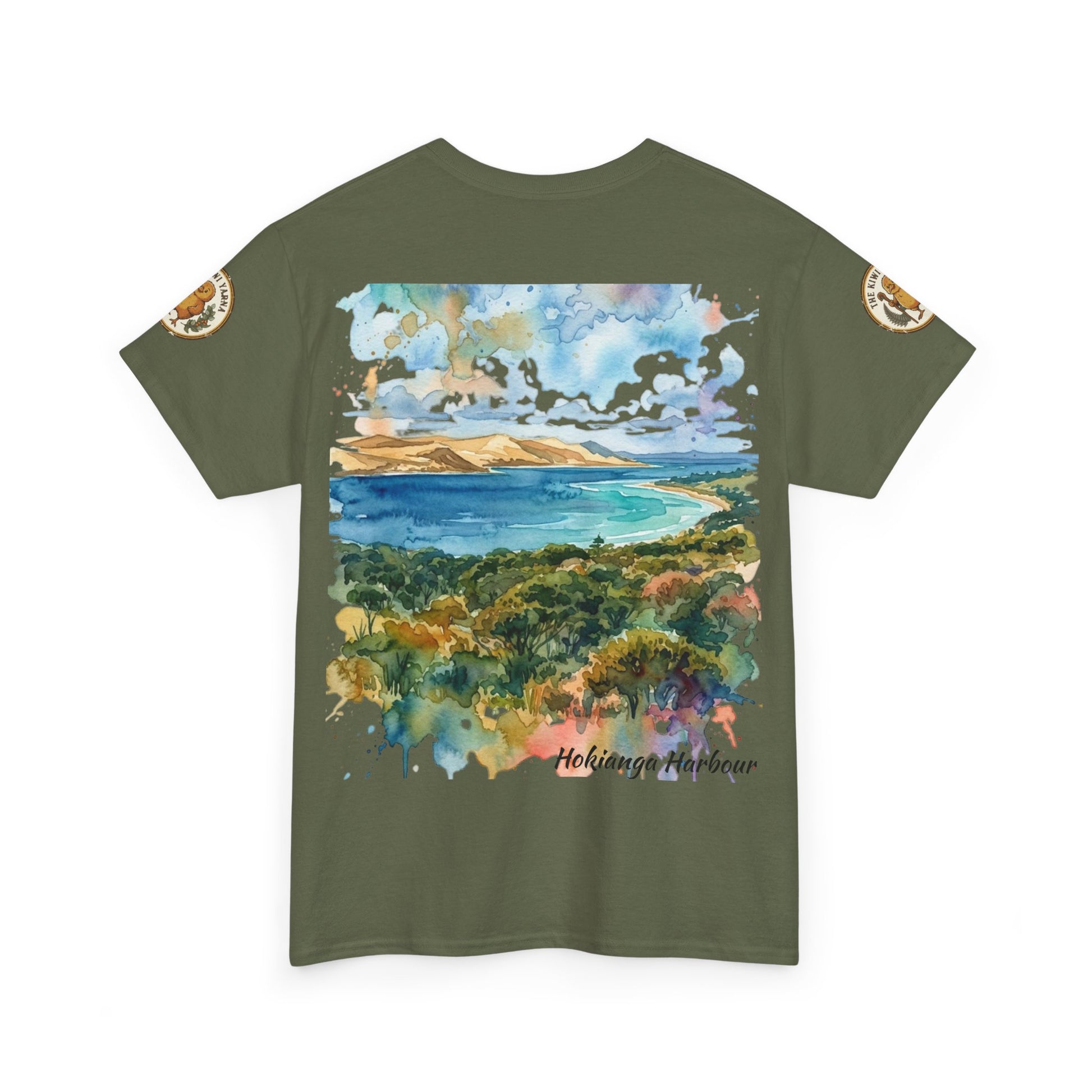 Olive green T-shirt with front landscape print and small shoulder logo patches