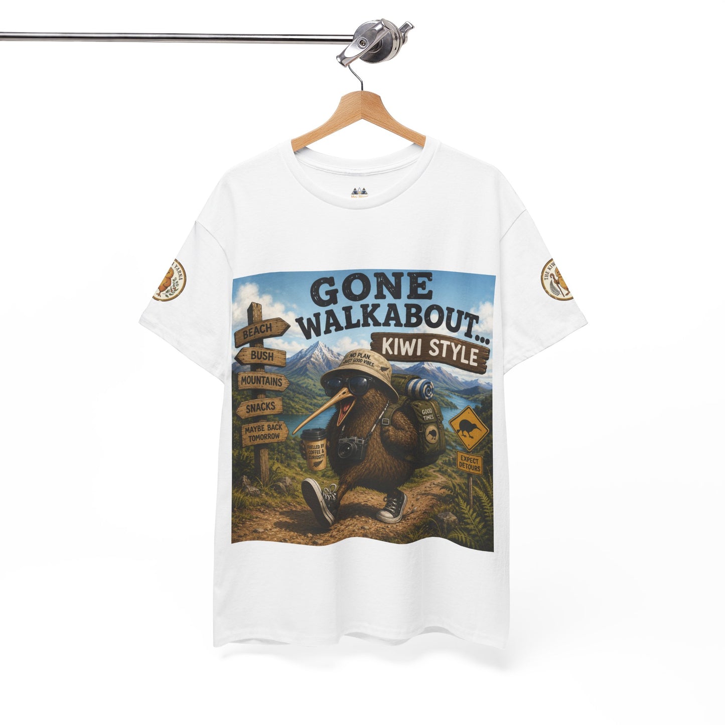 White short-sleeve T-shirt on hanger with “Gone Walkabout” kiwi graphic