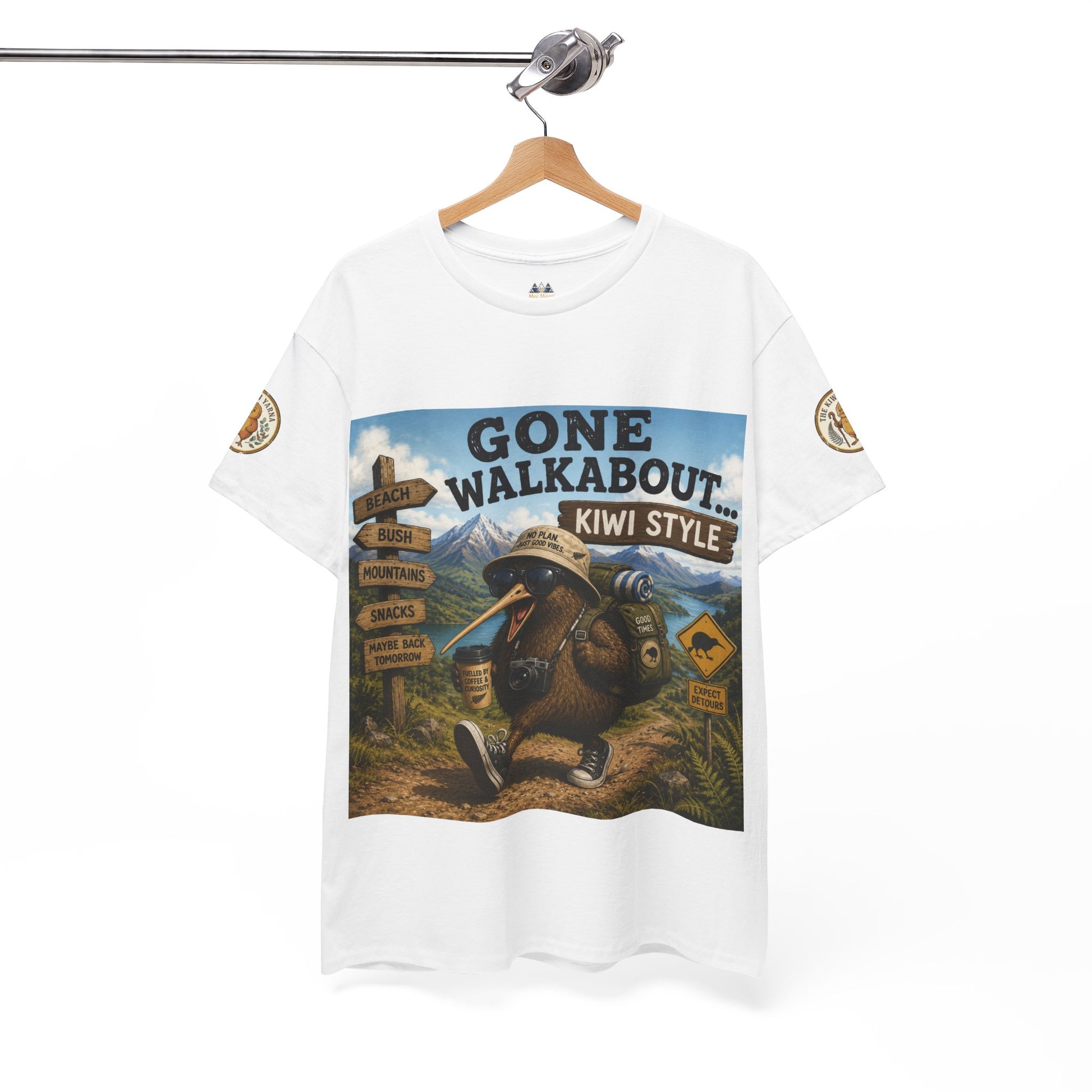 White short-sleeve T-shirt on hanger with “Gone Walkabout” kiwi graphic