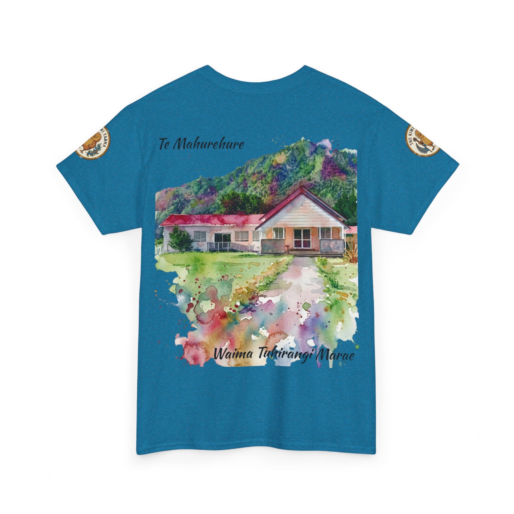 Teal T-shirt with house photo graphic and colorful watercolor splash design