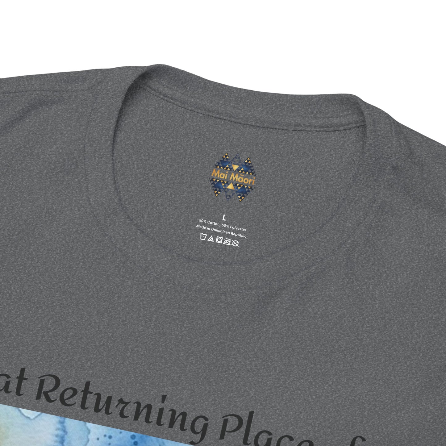 Dark heather T-shirt close-up of back neck logo and small print