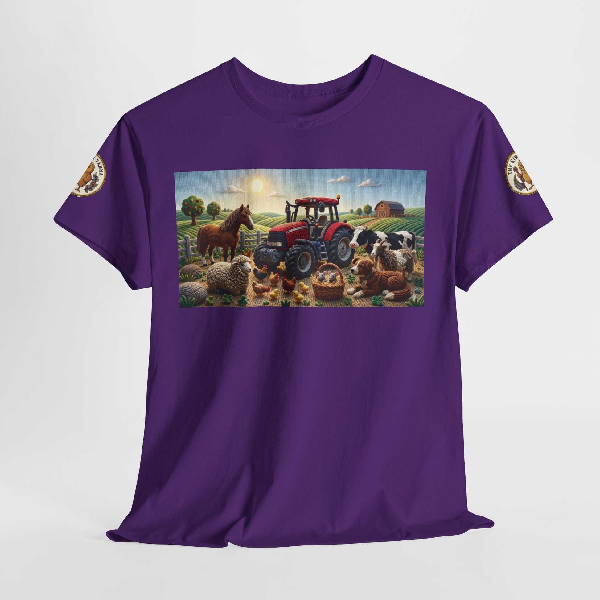 Purple farm graphic T-shirt with tractor and animals rectangle print; short sleeves