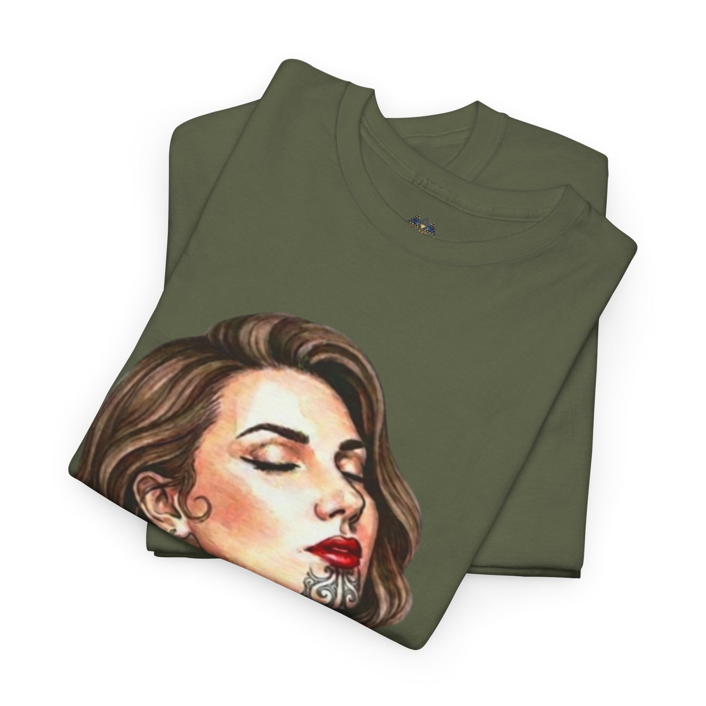 Olive green graphic T-shirt with close-up portrait print across the front
